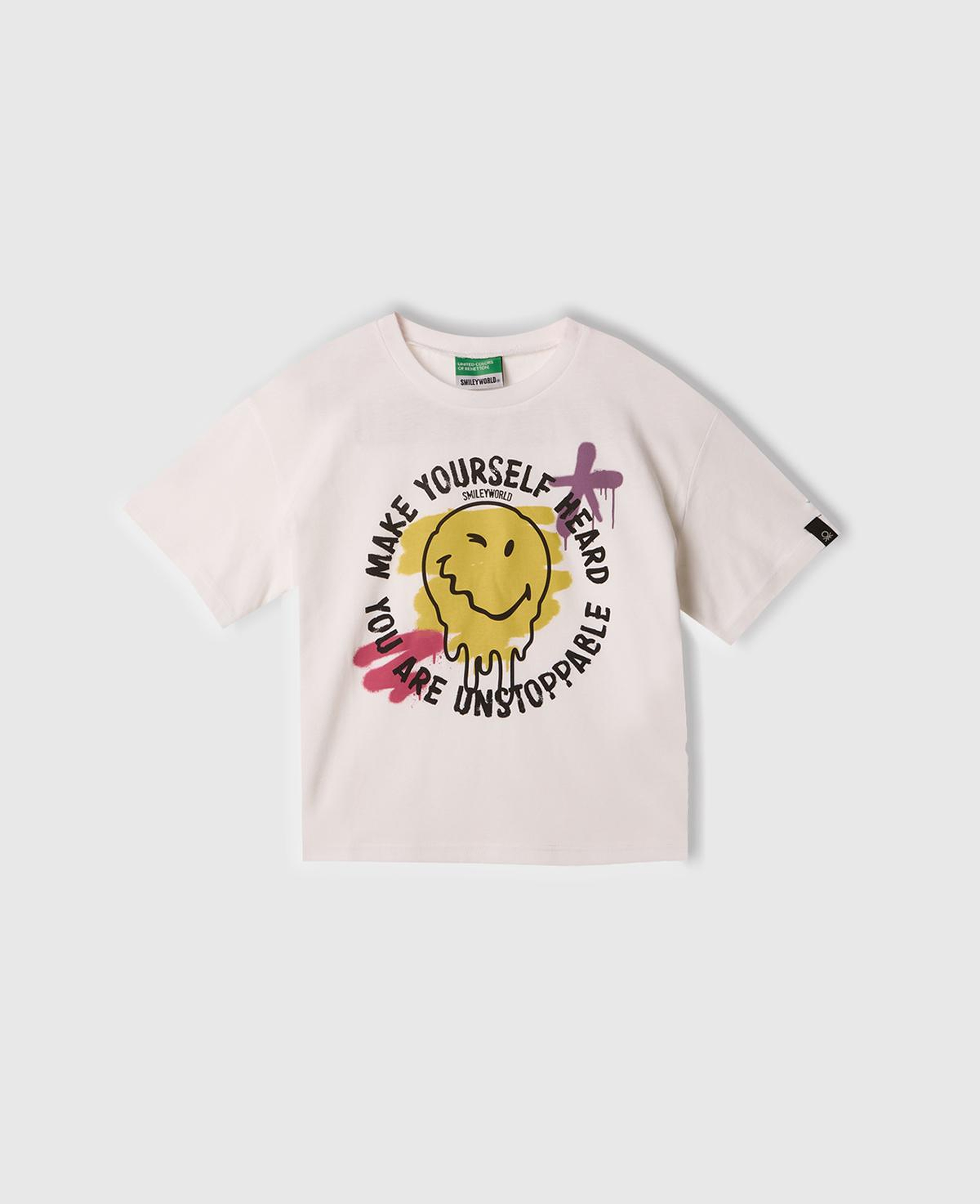 Kız Çocuk Beyaz Smiley World Baskılı Logo Etiketli T-Shirt