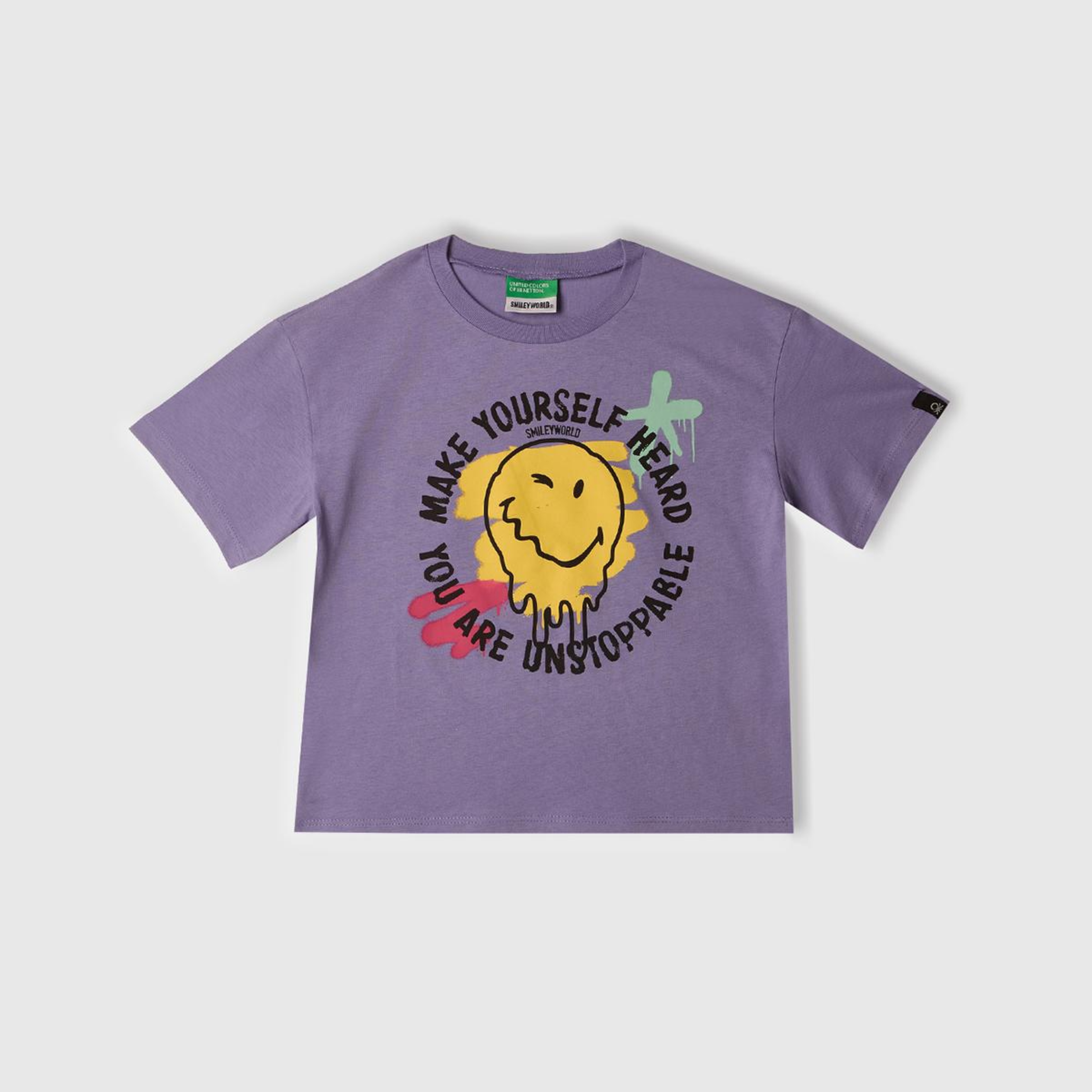 Kız Çocuk Mor Smiley World Baskılı Logo Etiketli T-Shirt