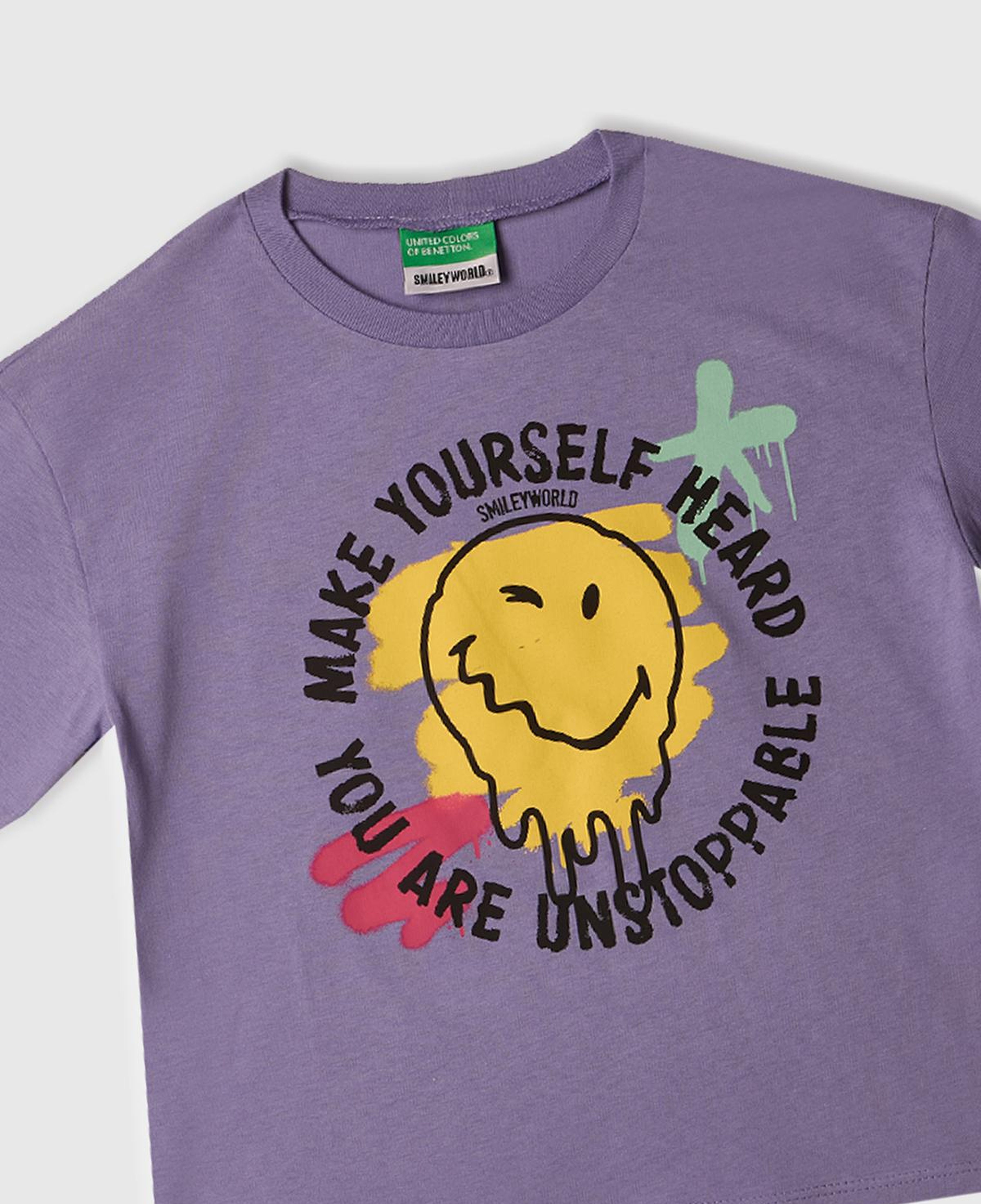 Kız Çocuk Mor Smiley World Baskılı Logo Etiketli T-Shirt