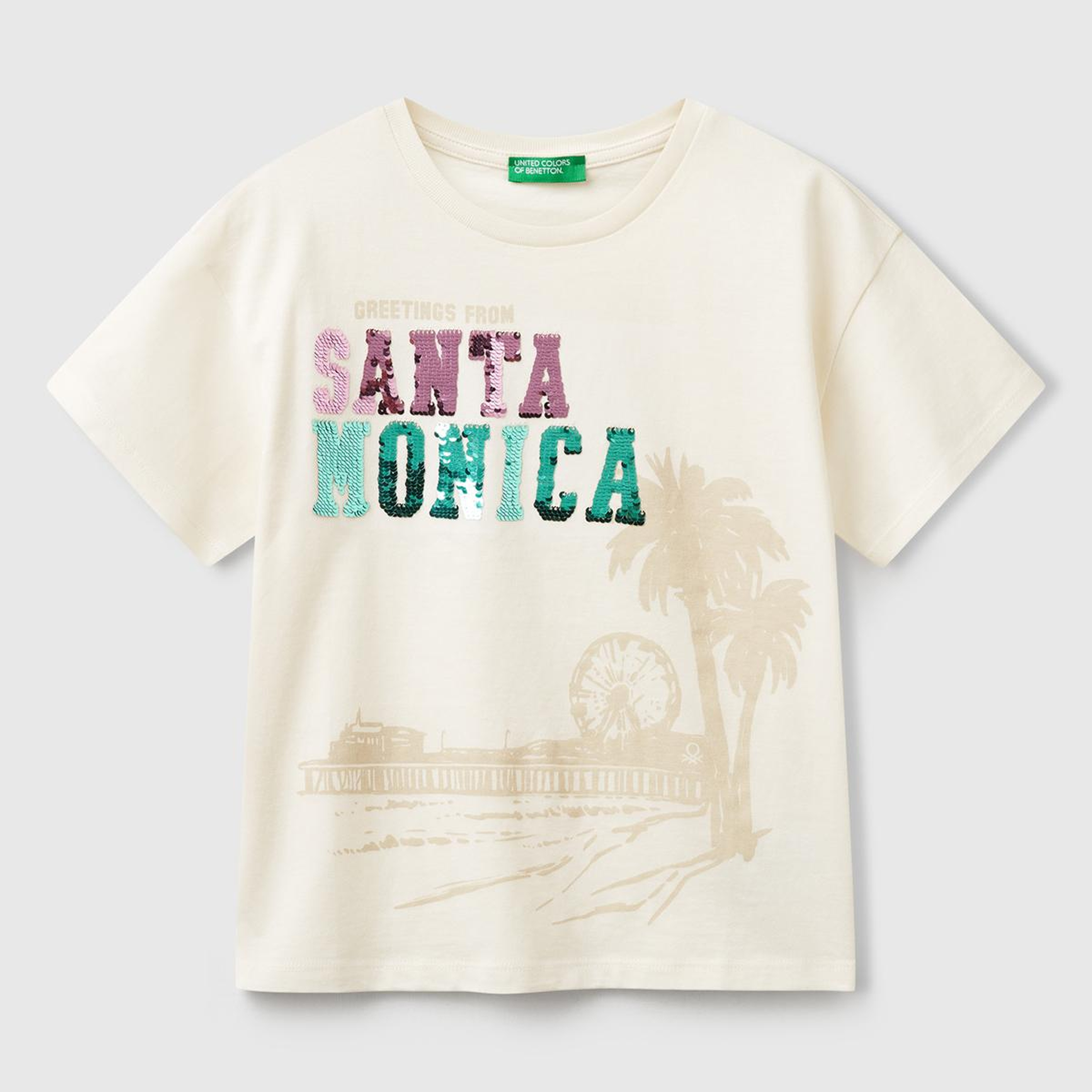 Kız Çocuk Ekru Önü Payet İşlemeli Baskılı T-Shirt