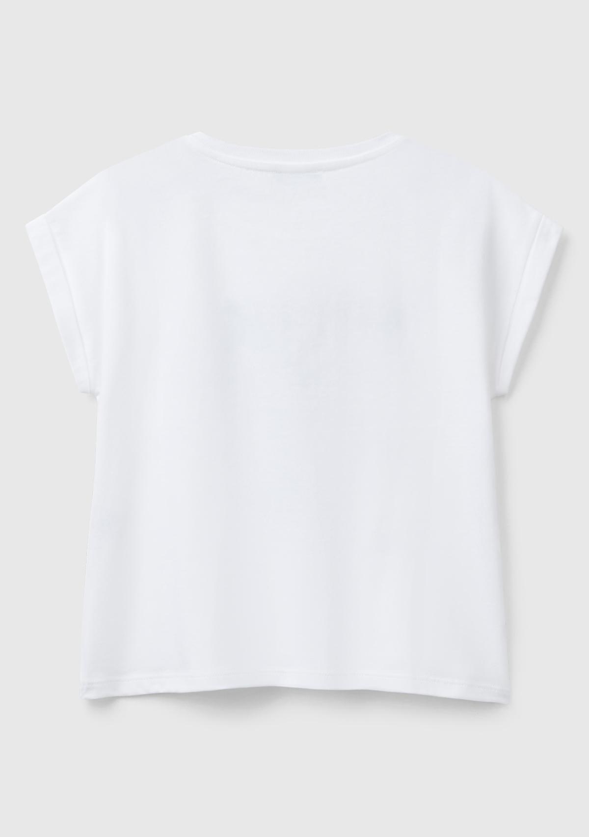 Kız Çocuk Beyaz Parlak Baskılı Düşük Omuz T-Shirt