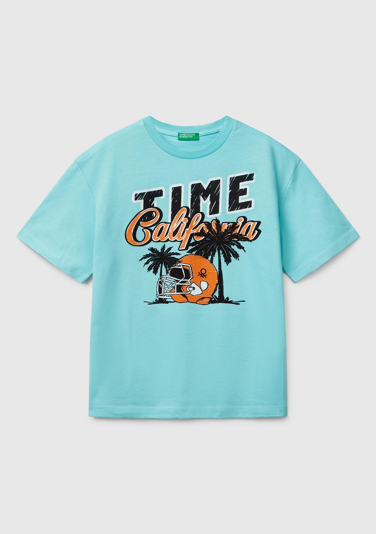 Erkek Çocuk Su Yeşili Slogan Baskılı T-Shirt