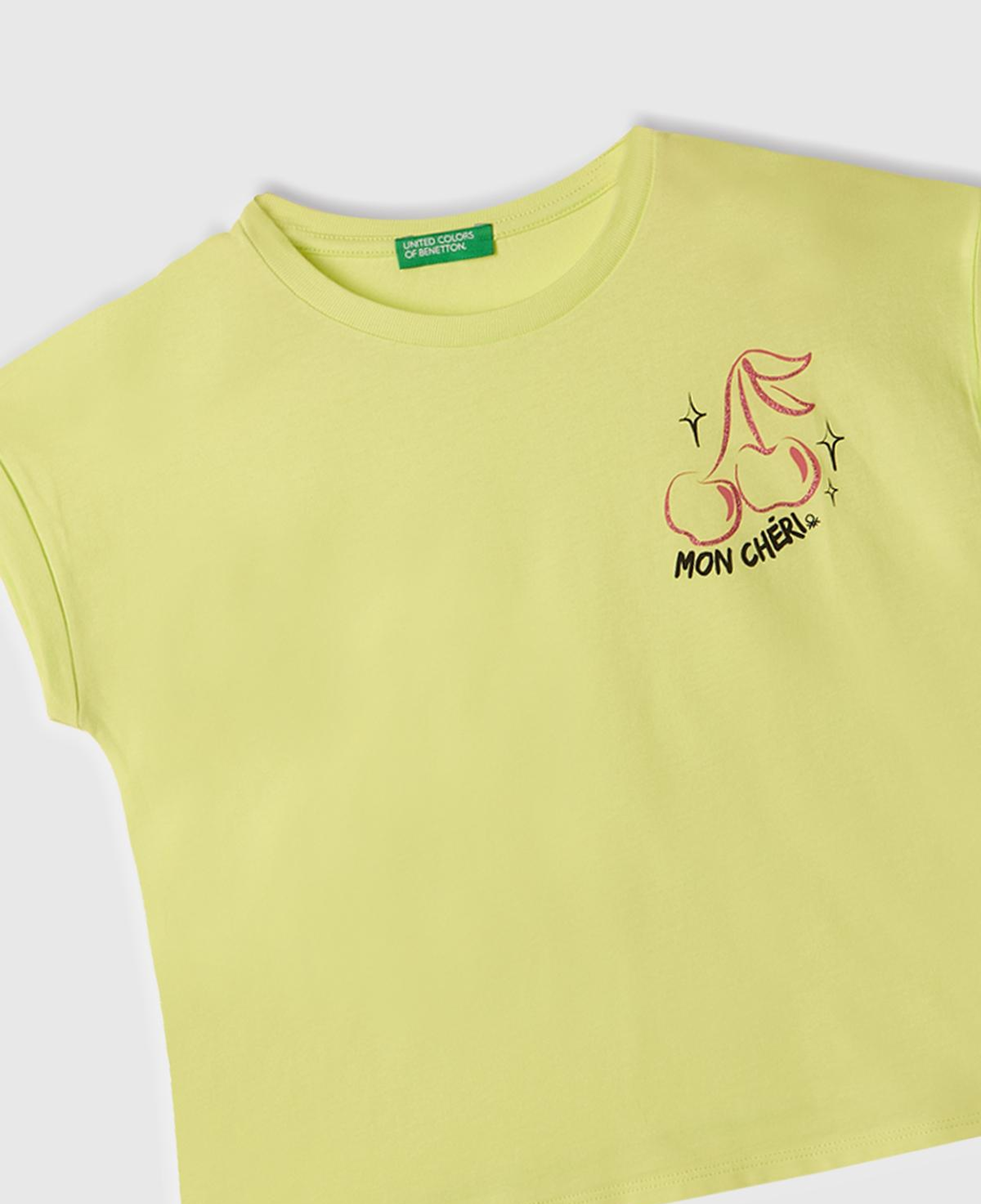 Kız Çocuk Sarı Parlak Baskılı Düşük Omuz T-Shirt