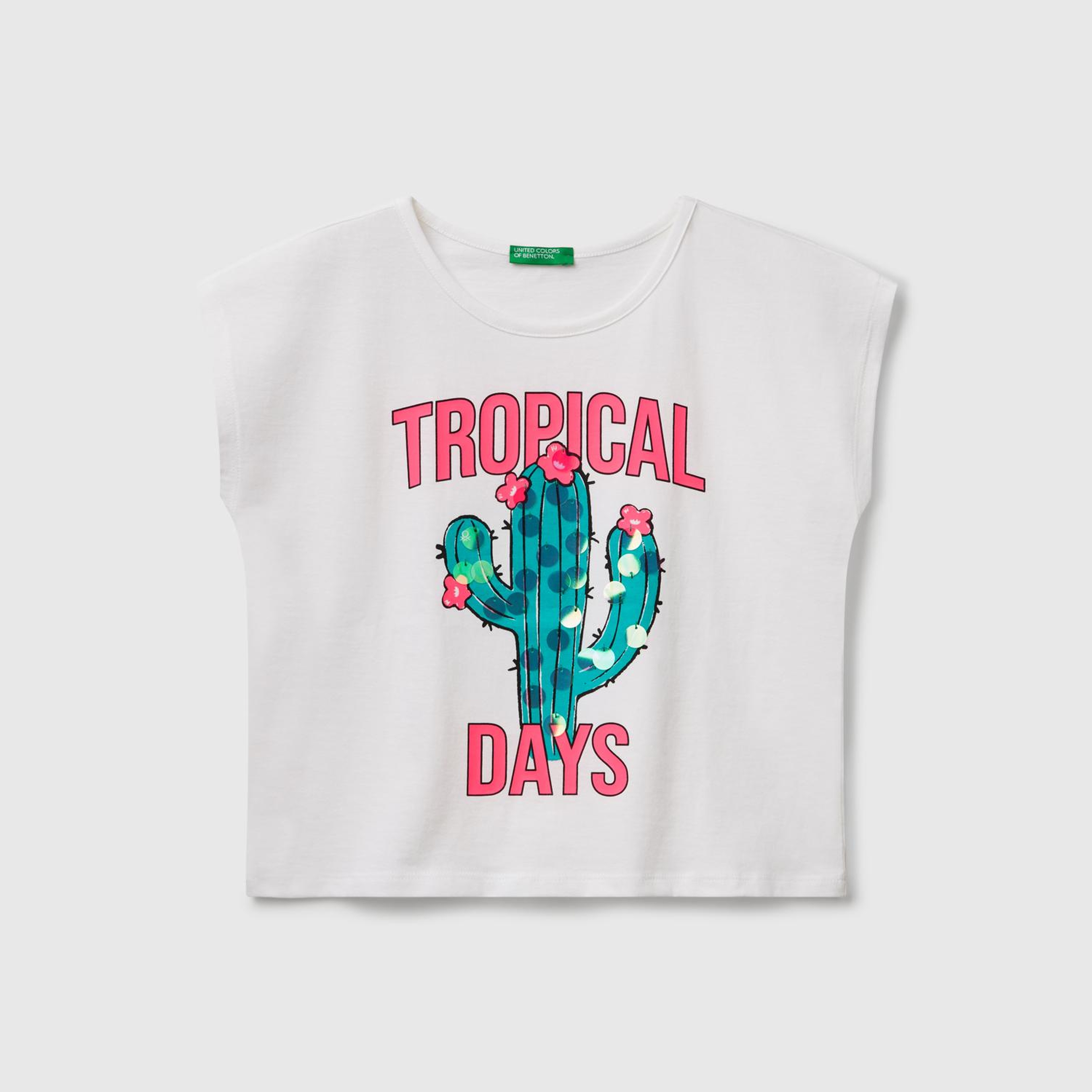 Kız Çocuk Beyaz Baskılı Payet İşleme Detaylı T-Shirt