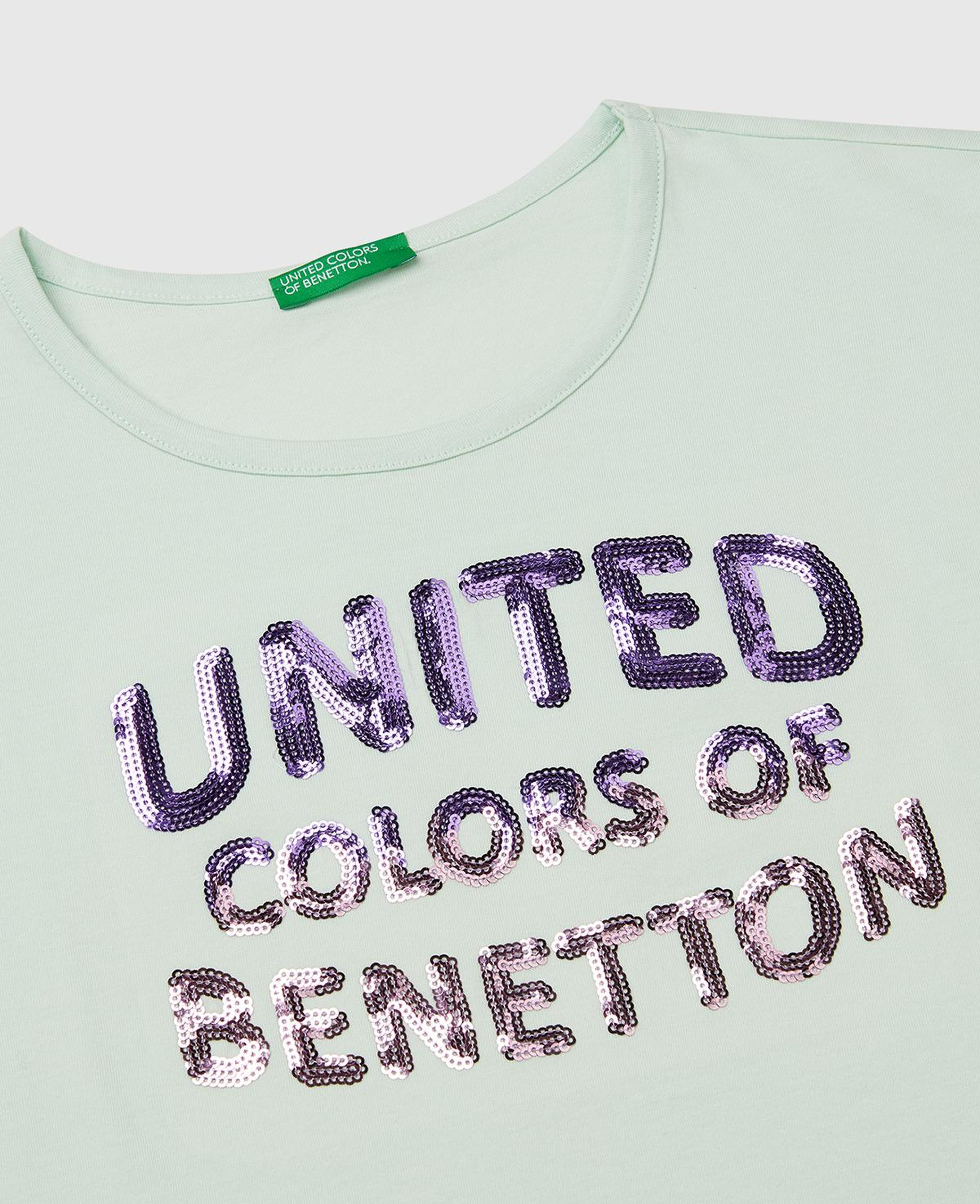 Kız Çocuk Su Yeşili Benetton Logo Baskılı T-Shirt
