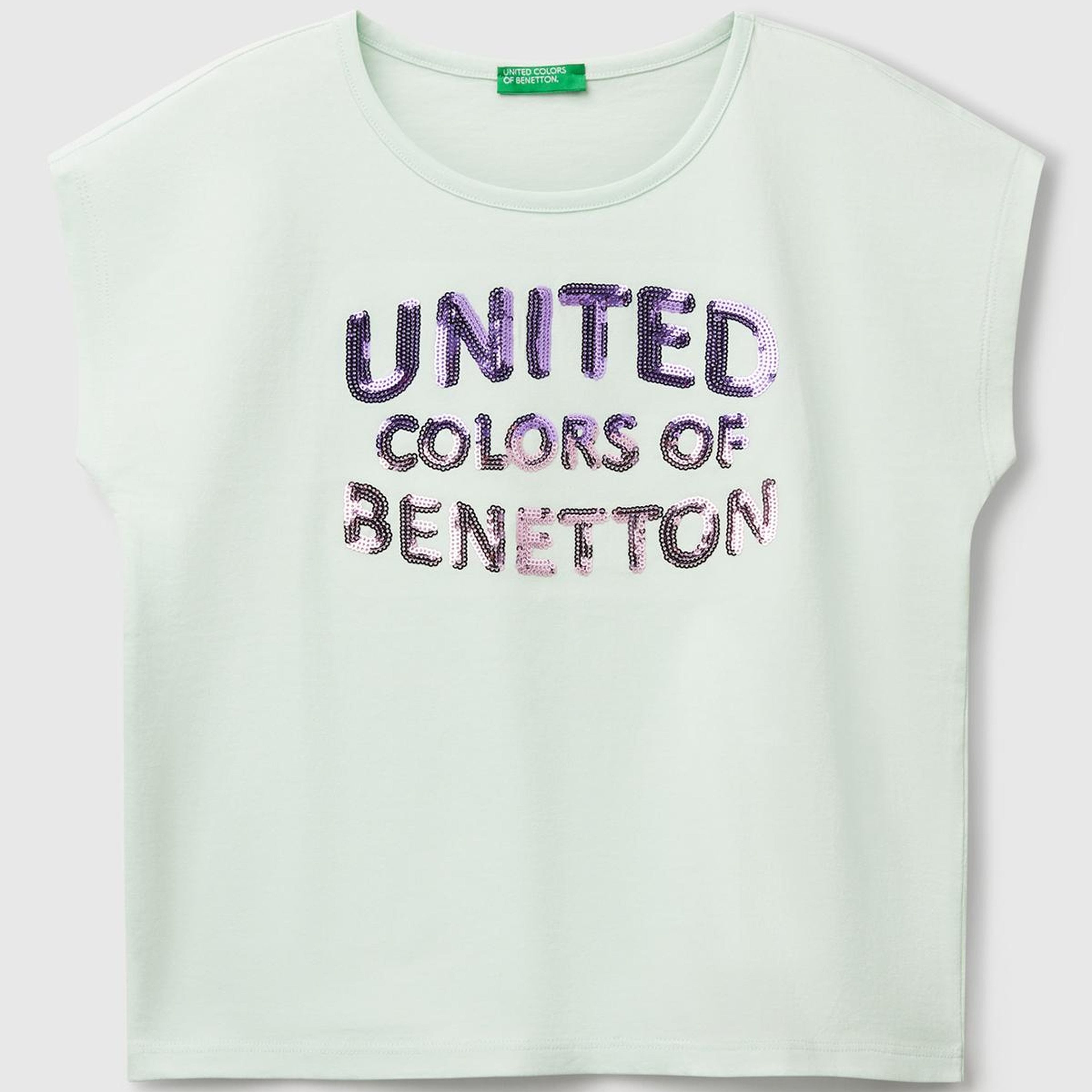 Kız Çocuk Su Yeşili Benetton Logo Baskılı T-Shirt