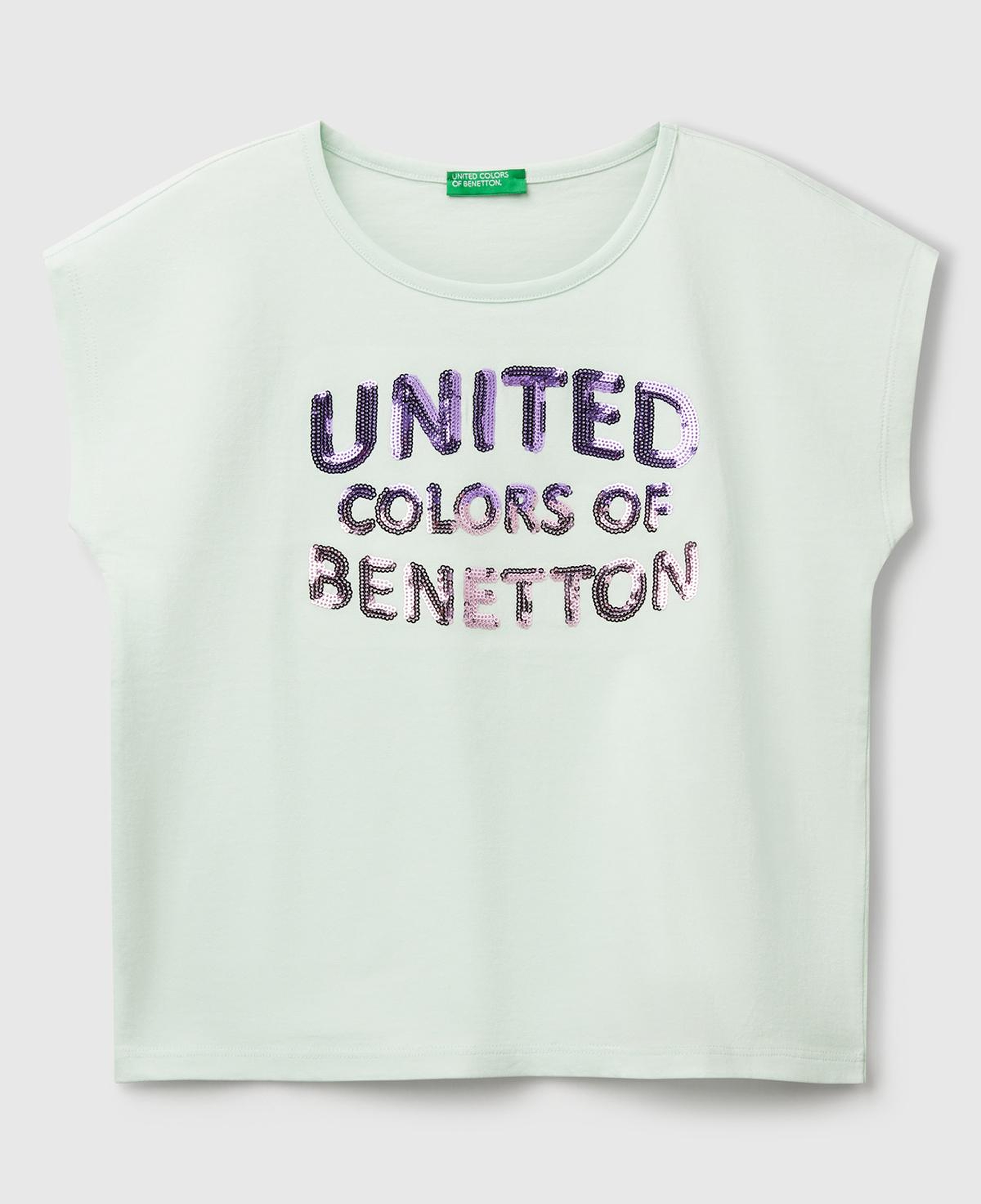 Kız Çocuk Su Yeşili Benetton Logo Baskılı T-Shirt