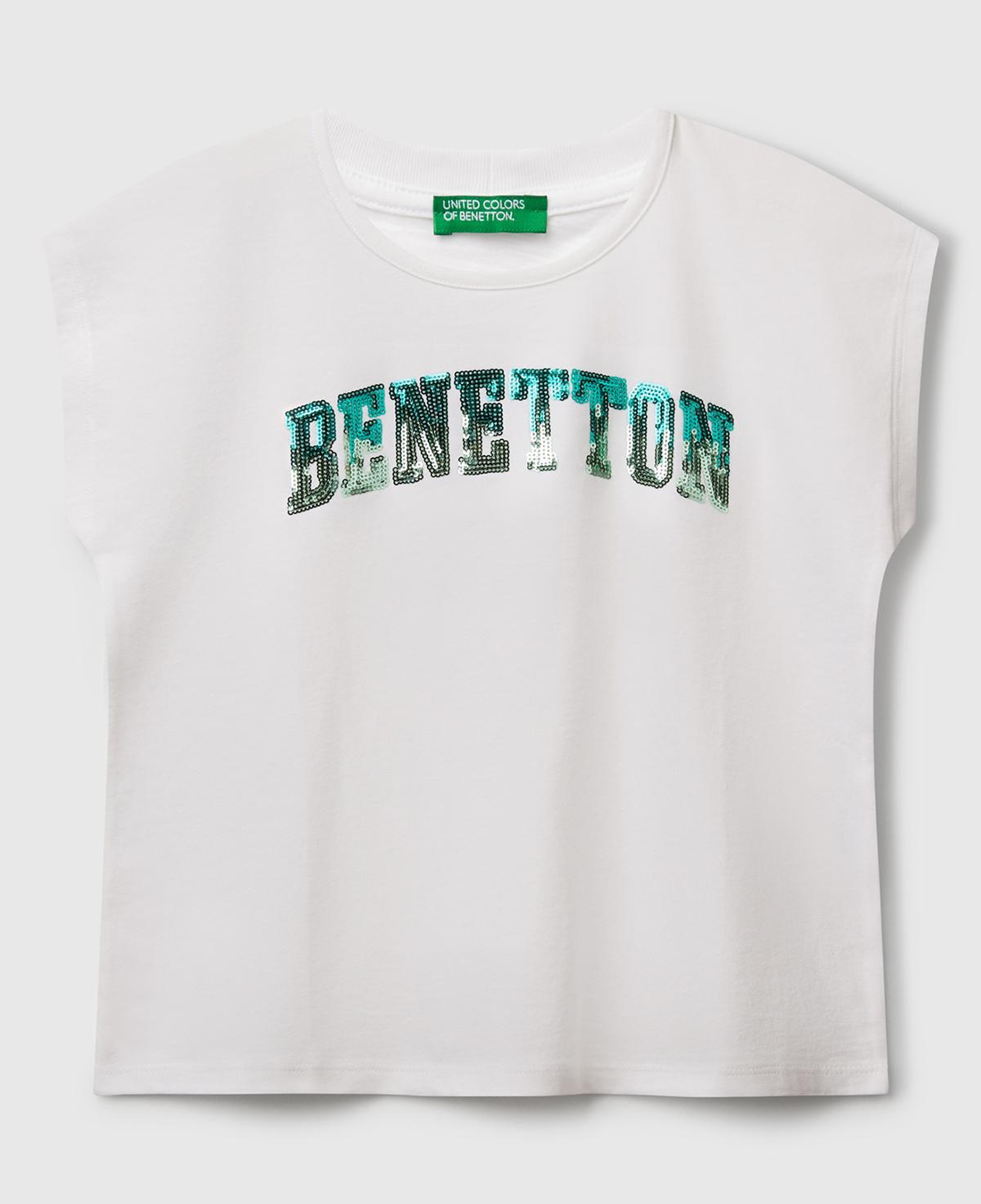 Kız Çocuk Beyaz Benetton Logo Baskılı T-Shirt