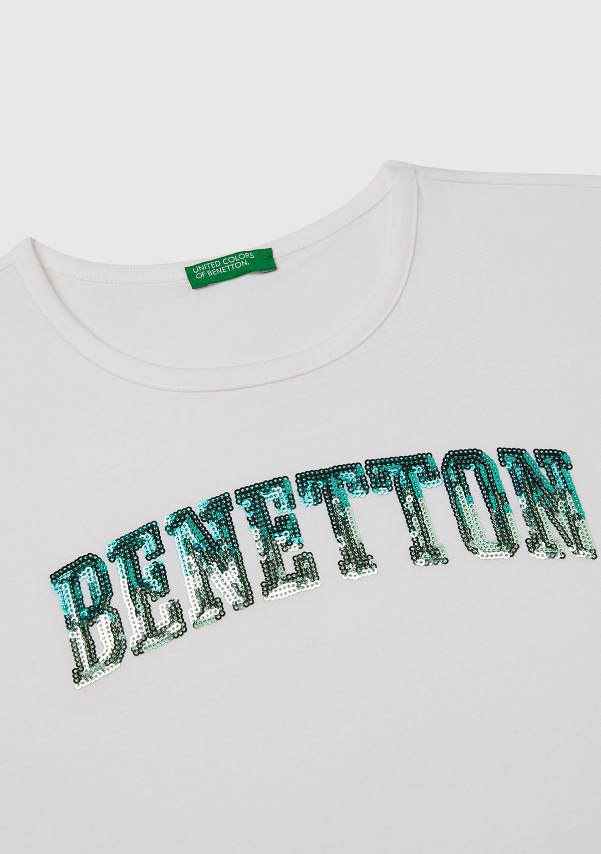 Kız Çocuk Beyaz Benetton Logo Baskılı T-Shirt