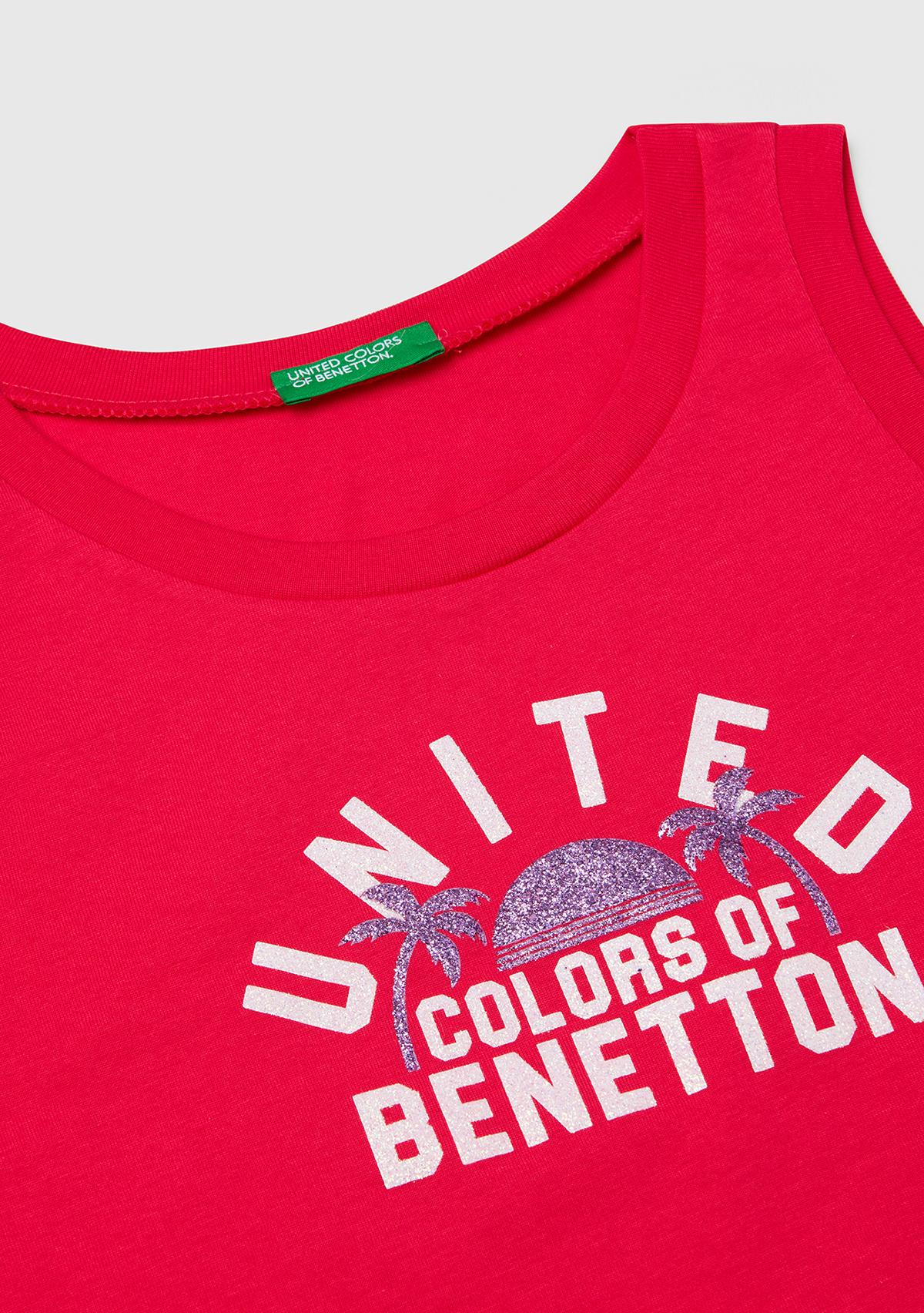 Kız Çocuk Fuşya Simli Benetton Logo Baskılı Atlet
