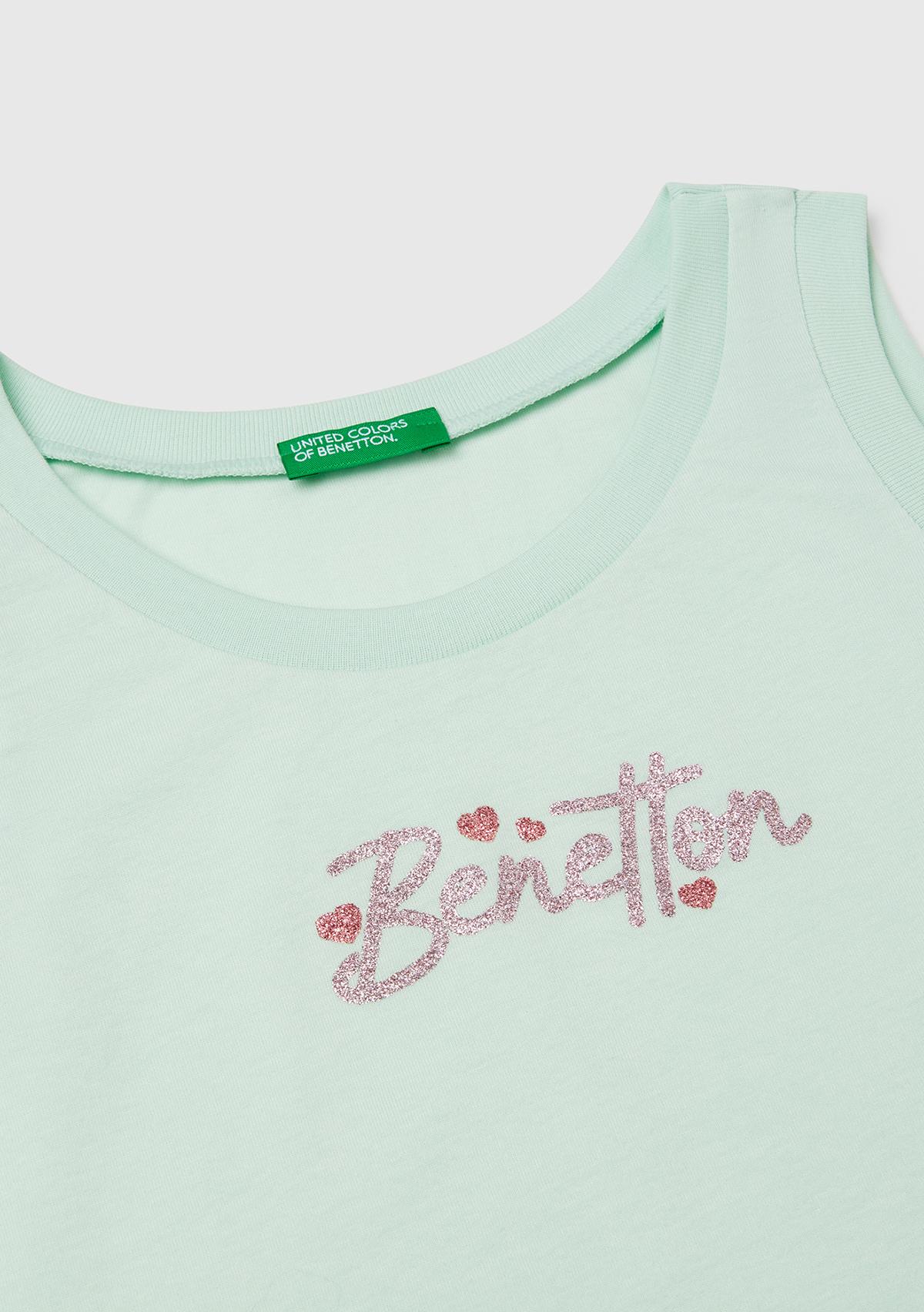 Kız Çocuk Su Yeşili Simli Benetton Logo Baskılı Atlet