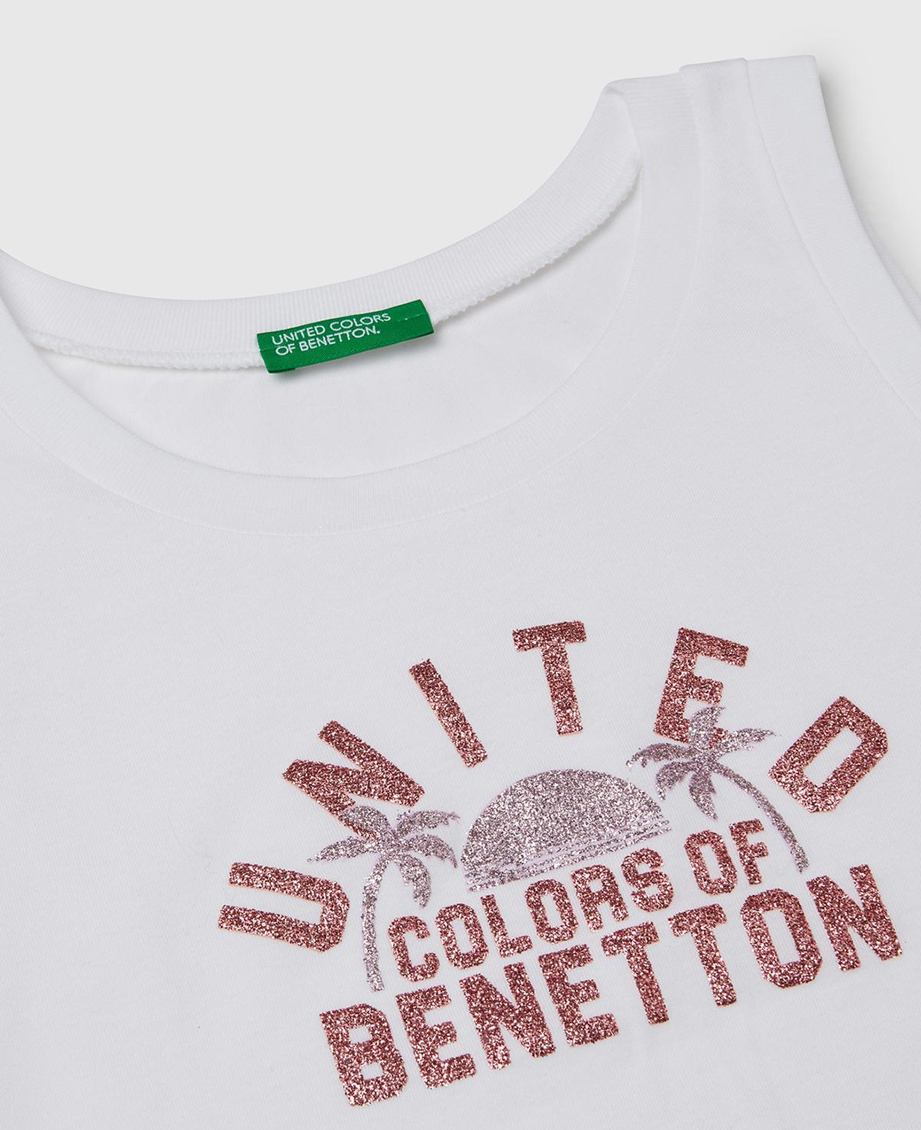 Kız Çocuk Beyaz Simli Benetton Logo Baskılı Atlet