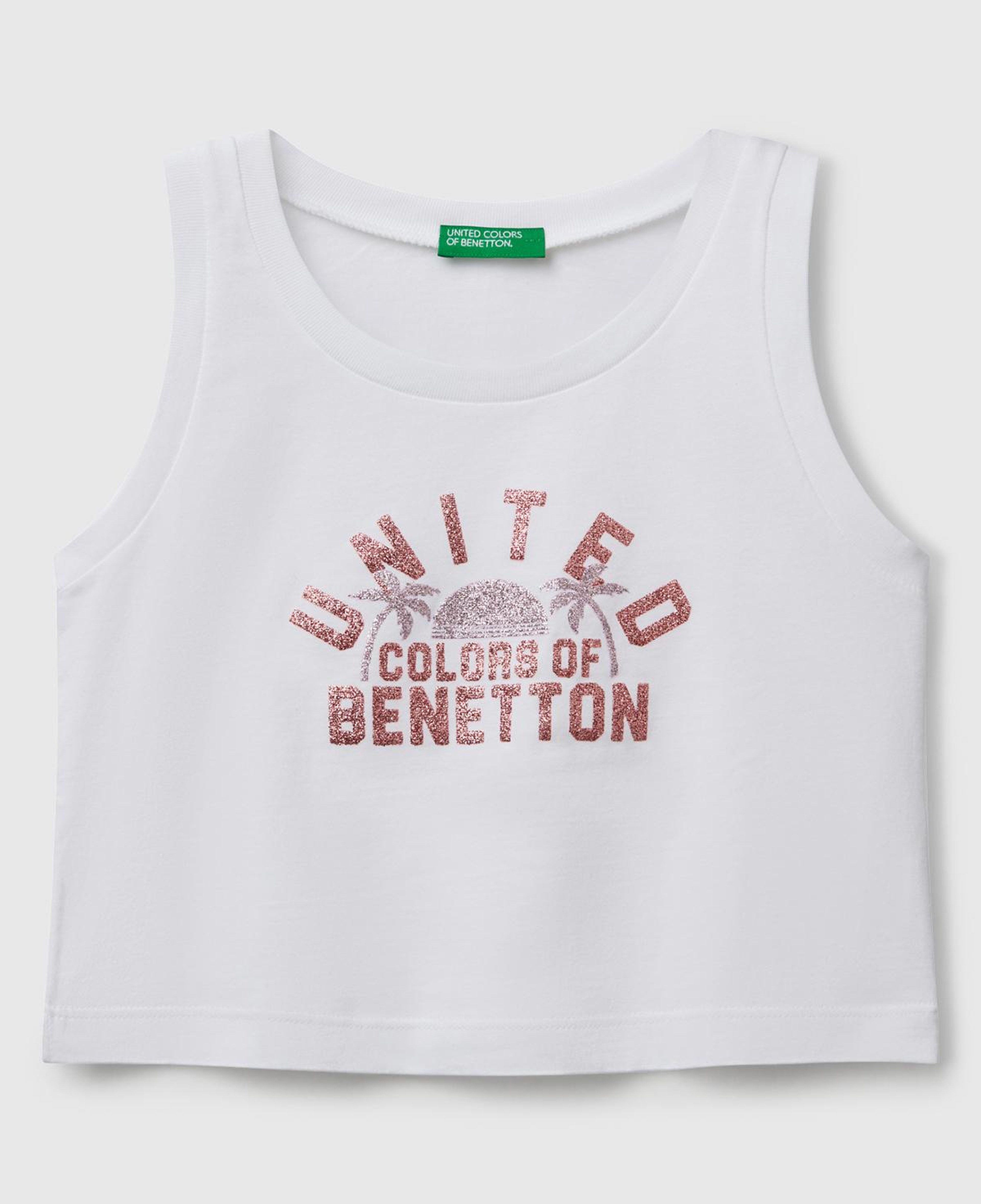 Kız Çocuk Beyaz Simli Benetton Logo Baskılı Atlet