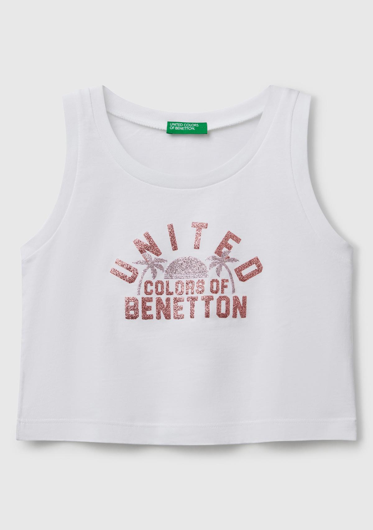 Kız Çocuk Beyaz Simli Benetton Logo Baskılı Atlet