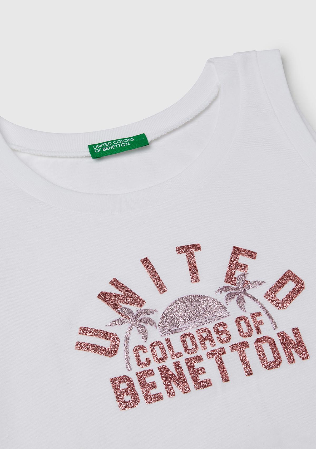 Kız Çocuk Beyaz Simli Benetton Logo Baskılı Atlet