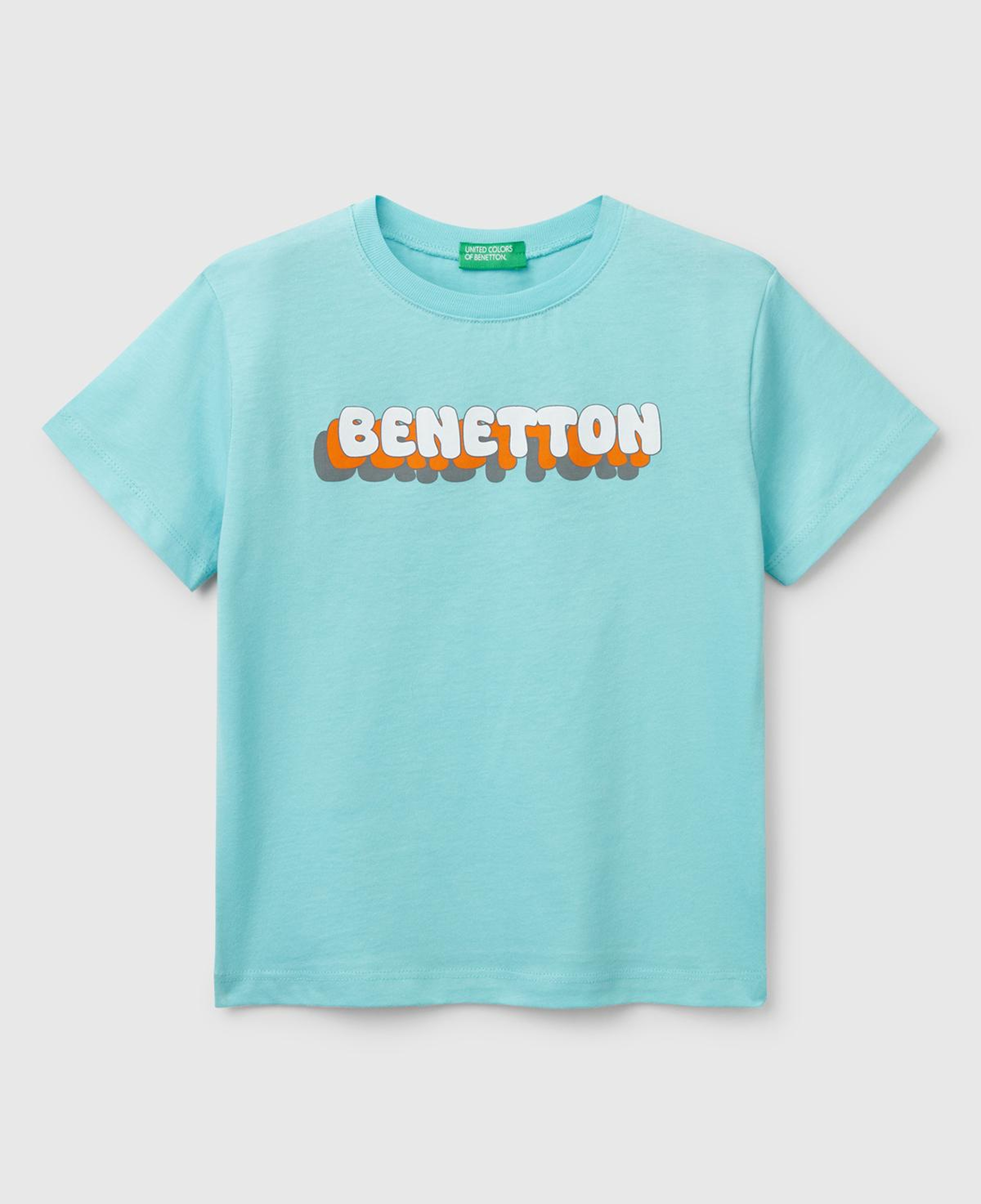 Erkek Çocuk Su Yeşili Benetton Logo Baskılı T-Shirt