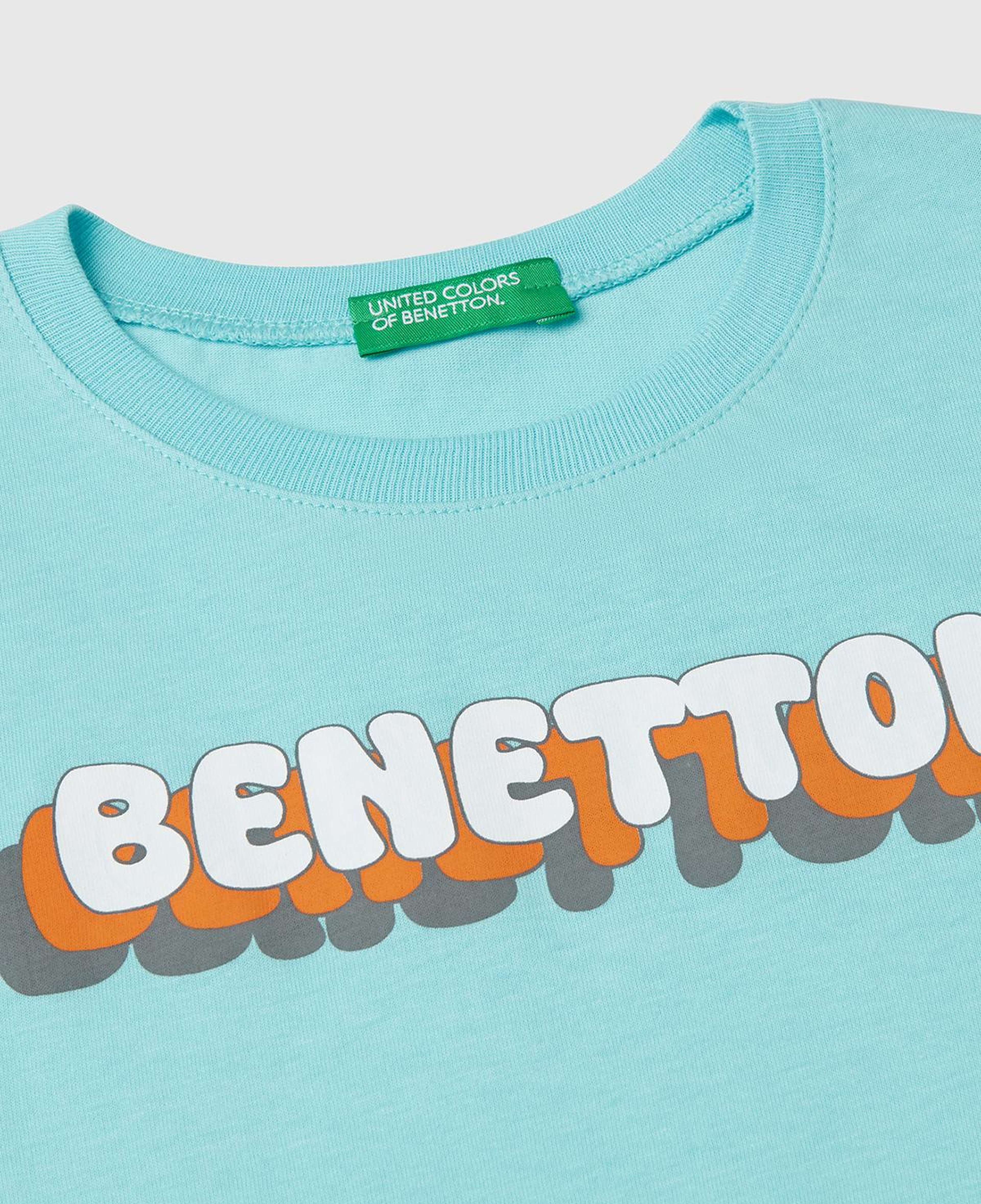 Erkek Çocuk Su Yeşili Benetton Logo Baskılı T-Shirt