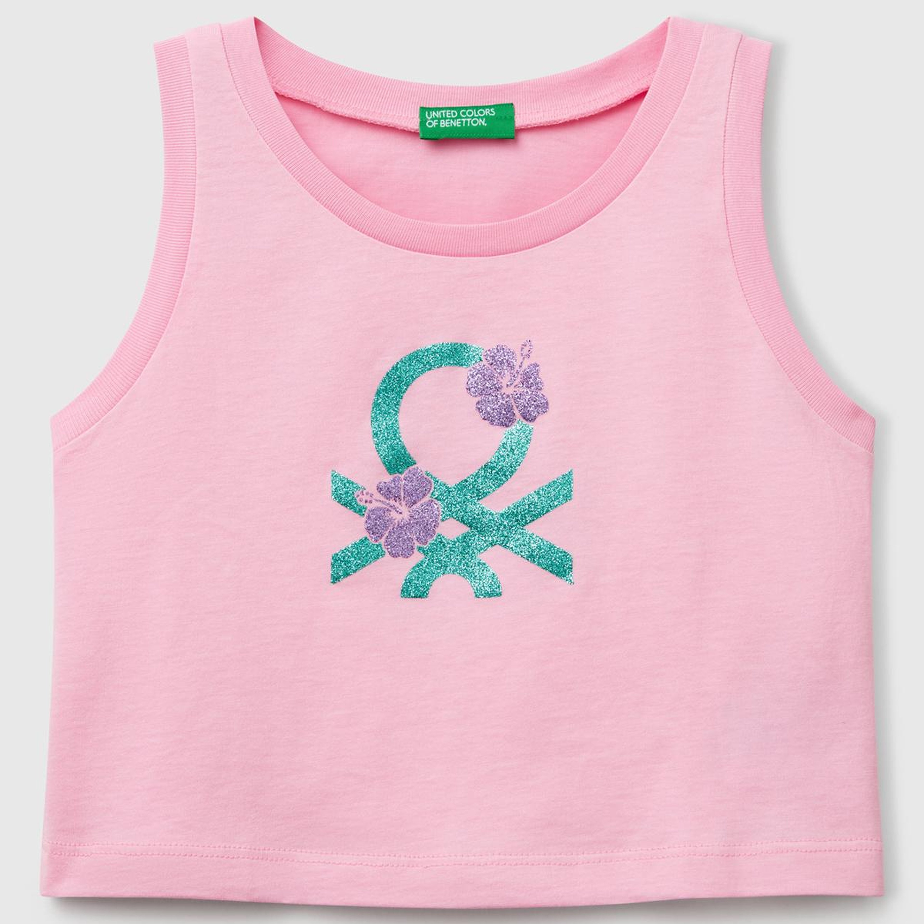 Kız Çocuk Pembe Simli Benetton Logo Baskılı Atlet