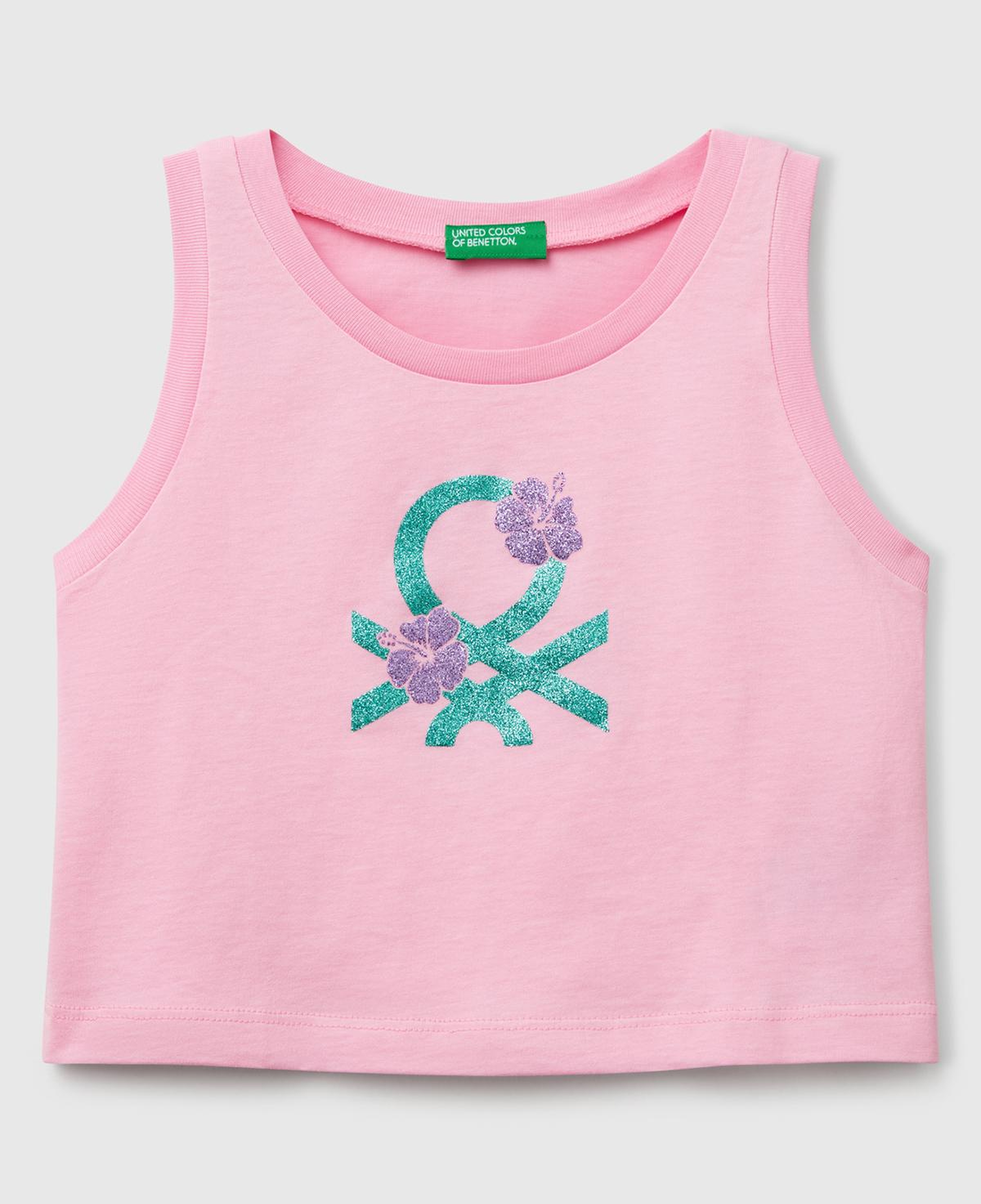 Kız Çocuk Pembe Simli Benetton Logo Baskılı Atlet