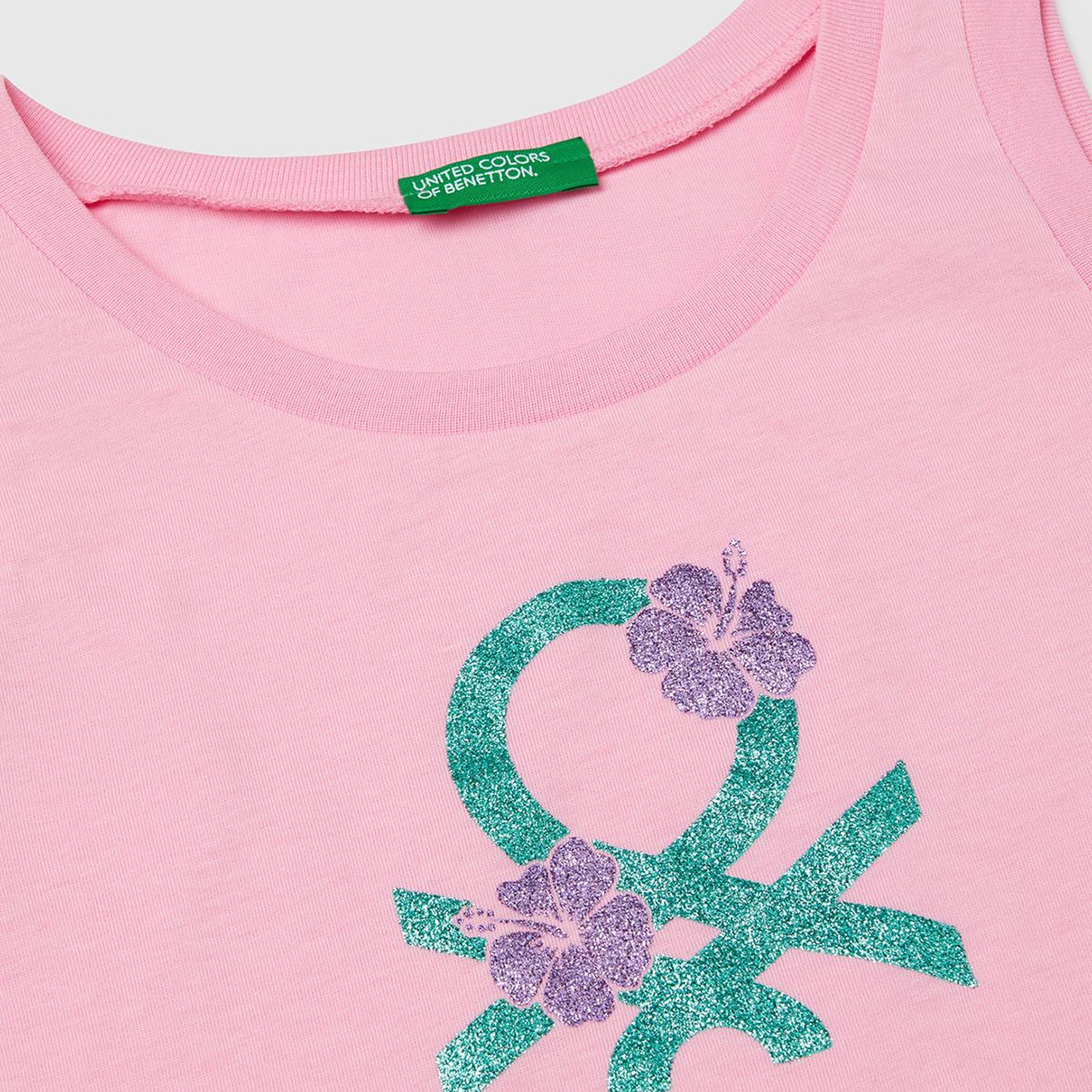 Kız Çocuk Pembe Simli Benetton Logo Baskılı Atlet