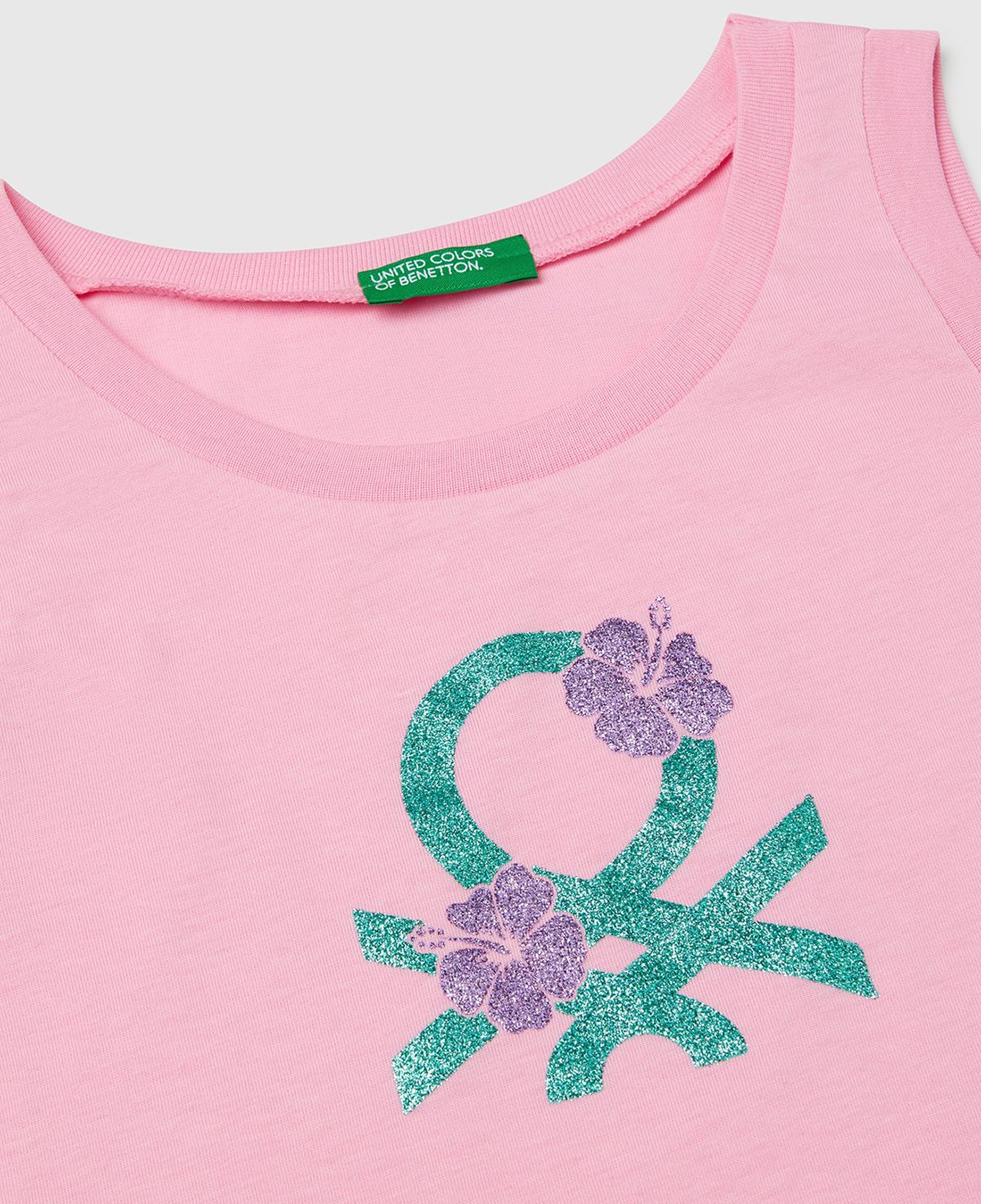 Kız Çocuk Pembe Simli Benetton Logo Baskılı Atlet