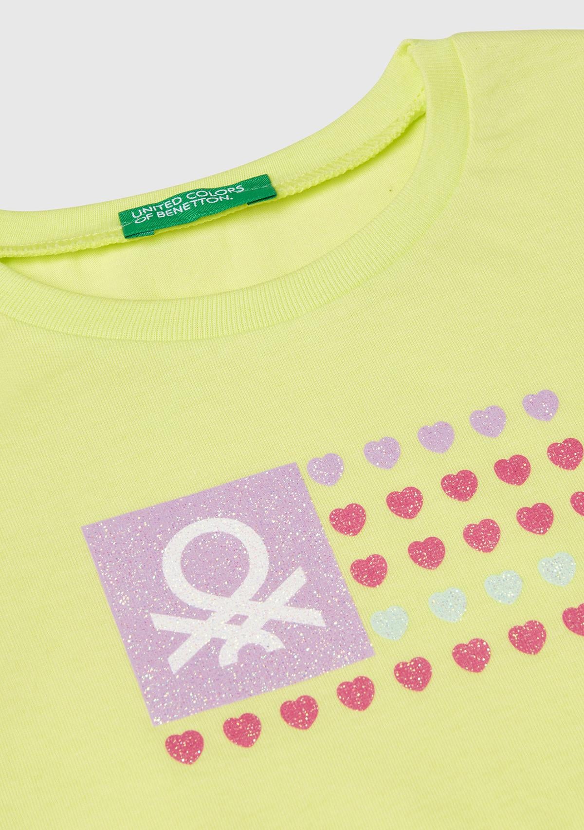Kız Çocuk Sarı Simli Benetton Logo Baskılı T-Shirt