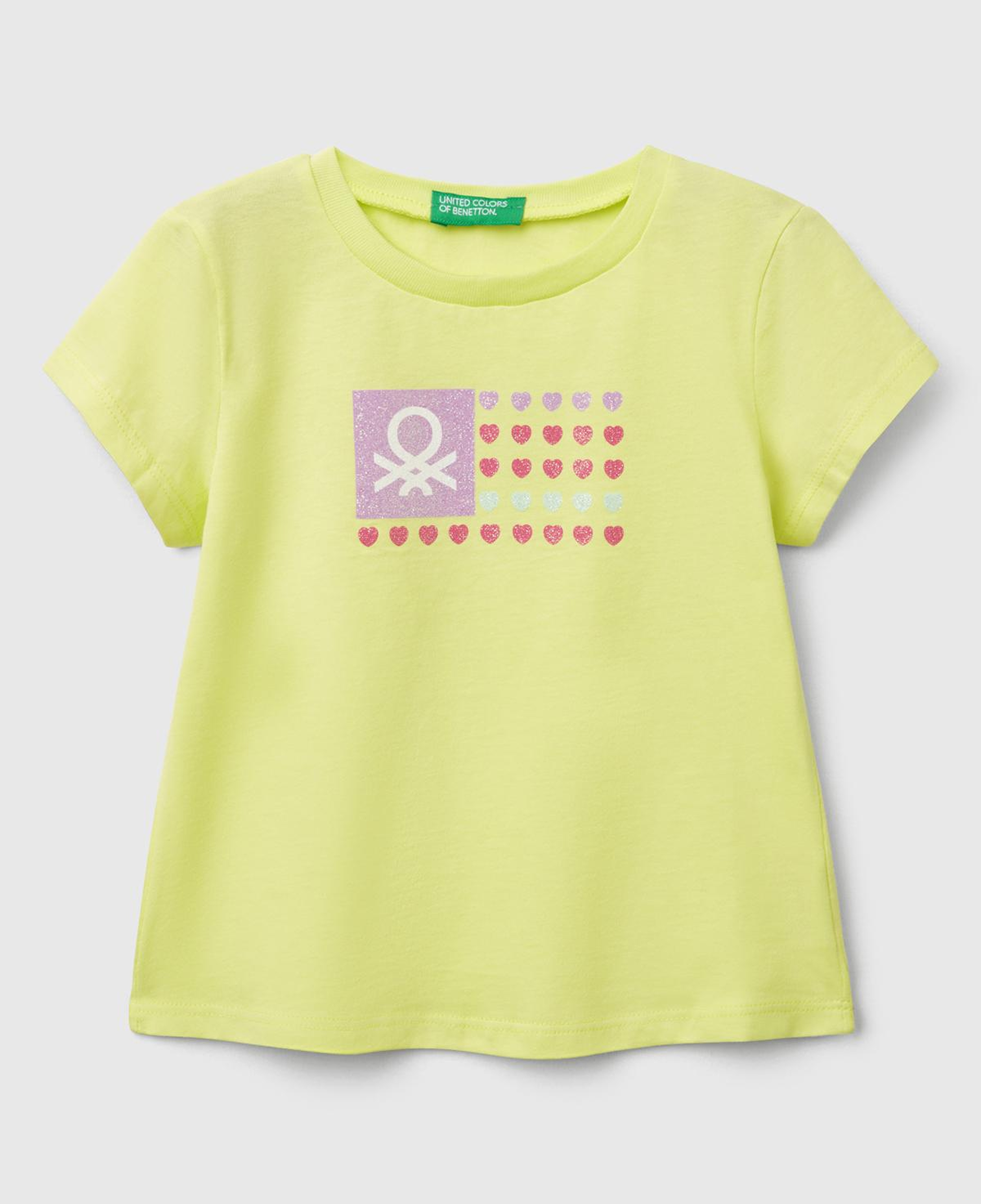 Kız Çocuk Sarı Simli Benetton Logo Baskılı T-Shirt