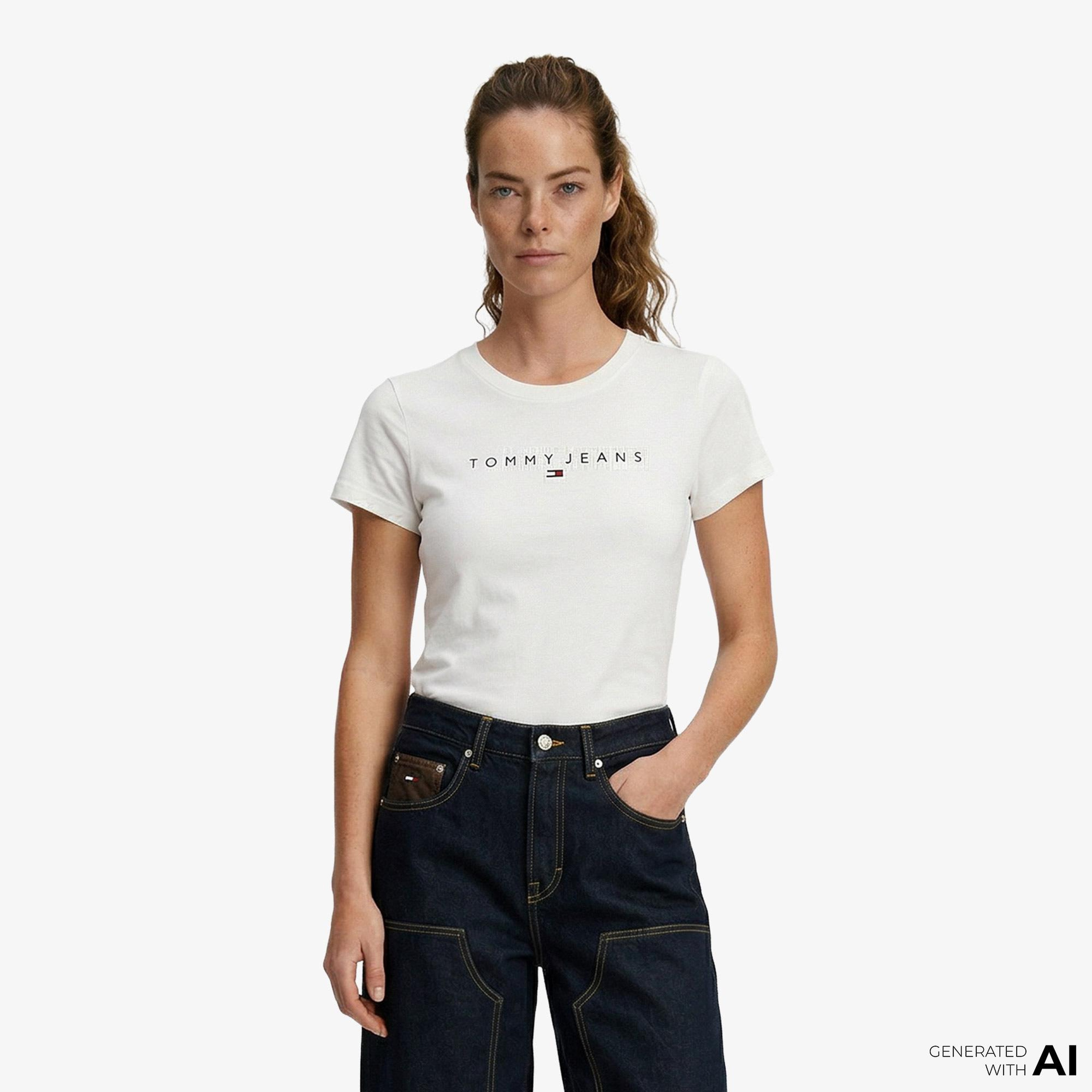 Tommy Hilfiger Linear Kadın Beyaz T-Shirt