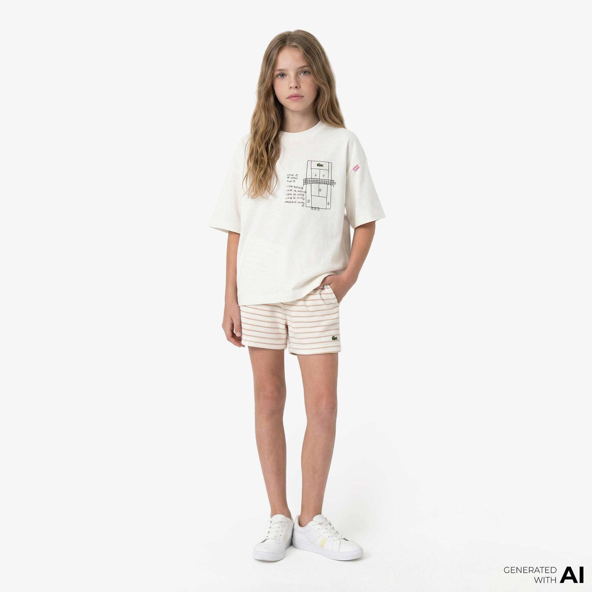 Lacoste Kız Çocuk Bisiklet Yaka Baskılı Beyaz T-Shirt