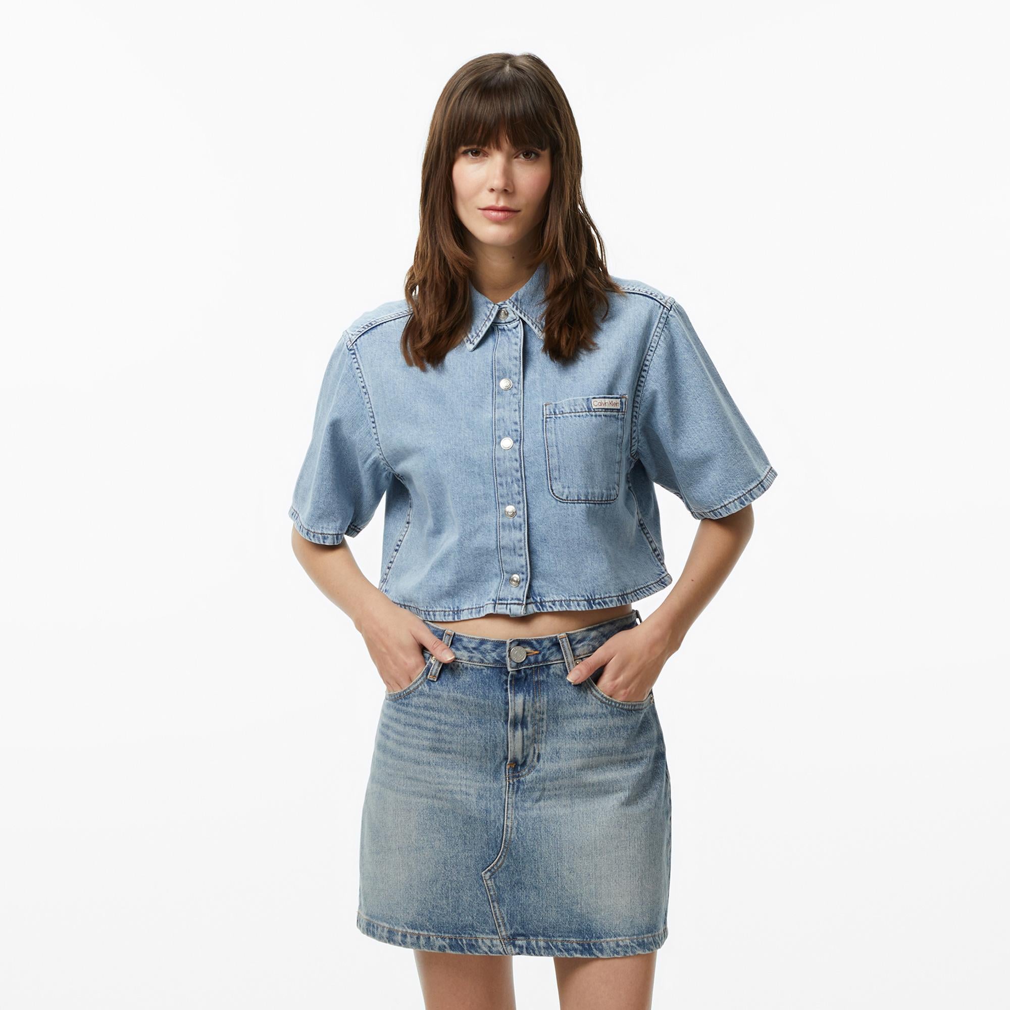Calvin Klein Boxy Cropped Denim Vintage Kadın Mavi Gömlek