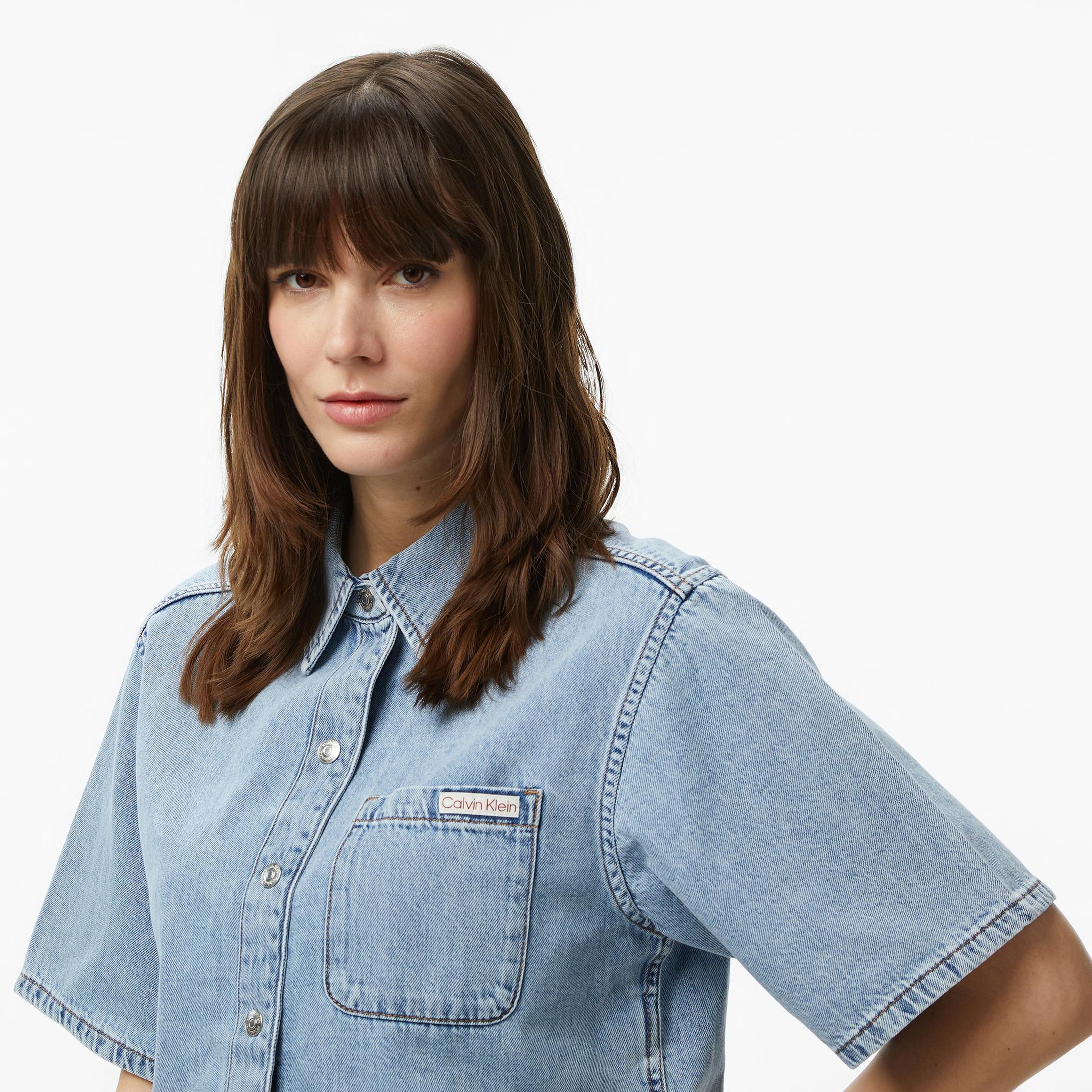 Calvin Klein Boxy Cropped Denim Vintage Kadın Mavi Gömlek