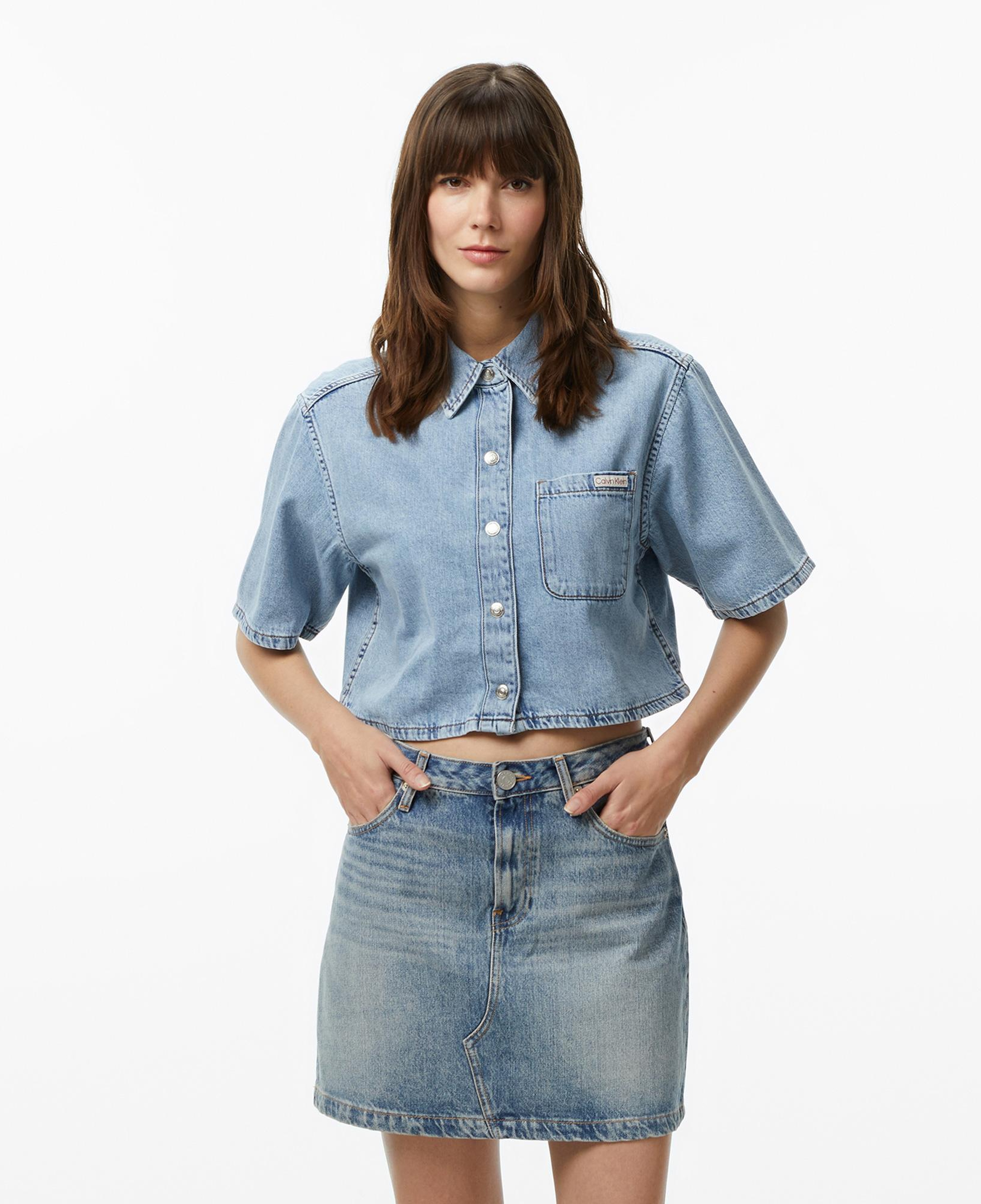 Calvin Klein Boxy Cropped Denim Vintage Kadın Mavi Gömlek