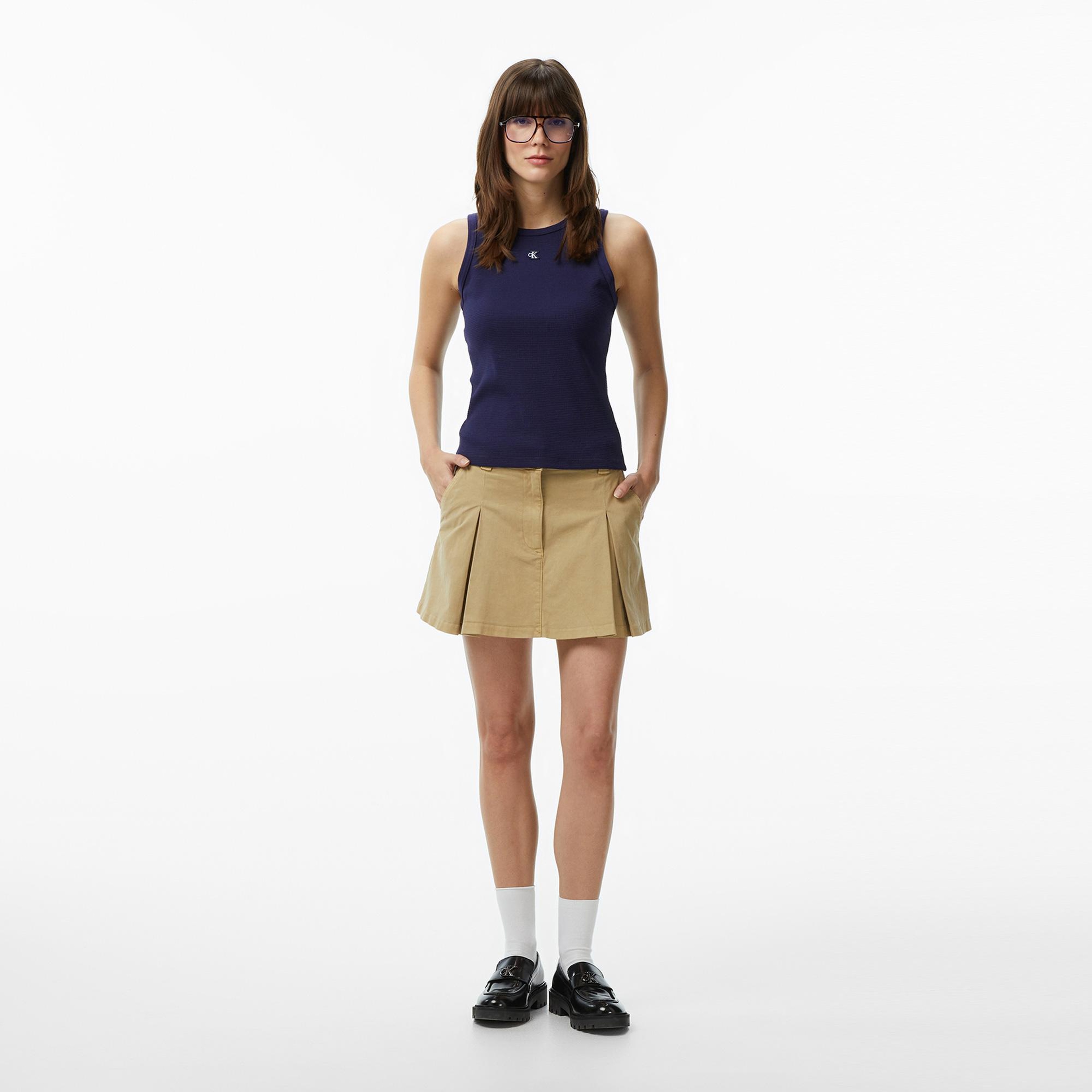 Calvin Klein Monogram Patch Waffle Racer Kadın Mavi Kolsuz T-Shirt