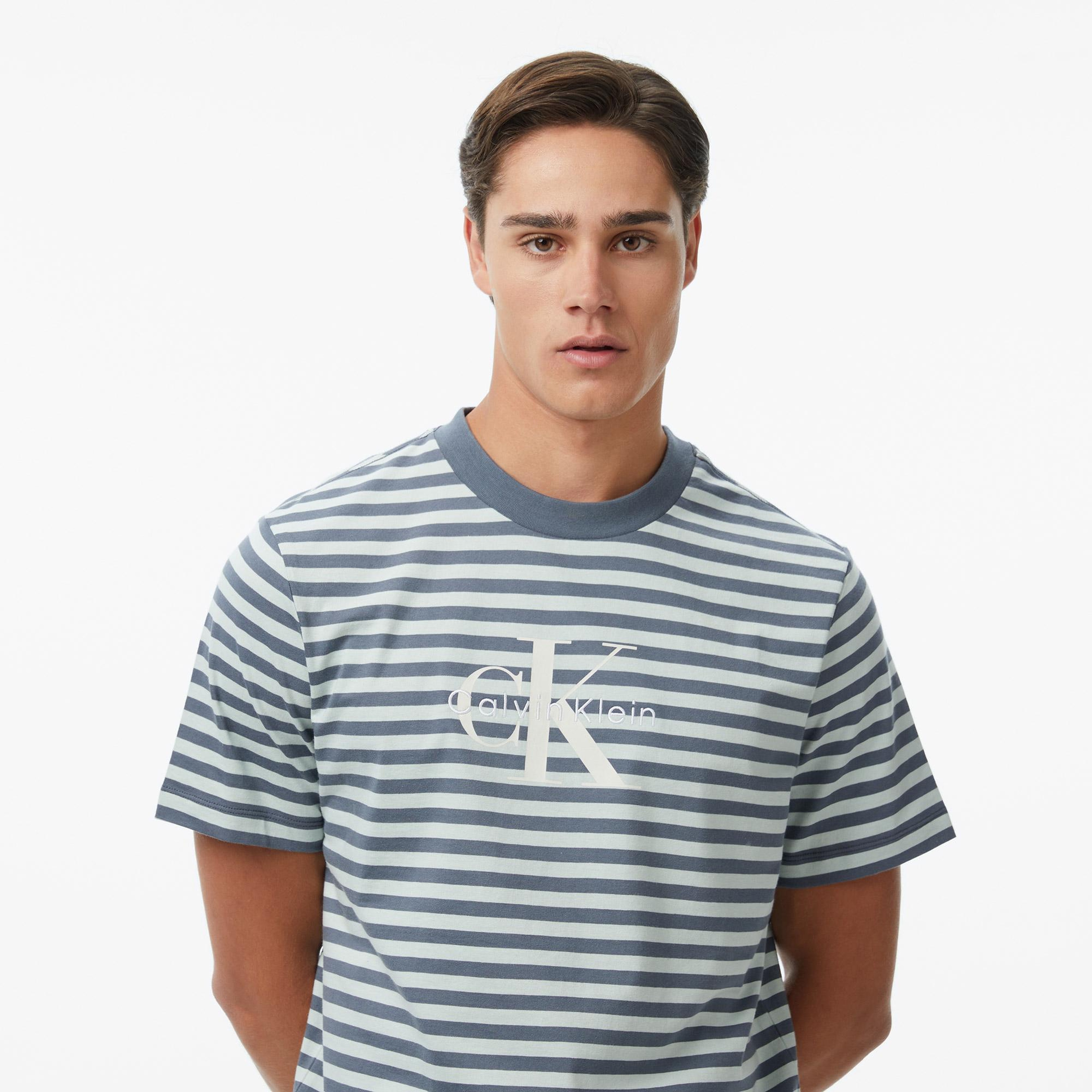 Calvin Klein 20S Stripe Jersey Monologo Erkek Gri T-Shirt