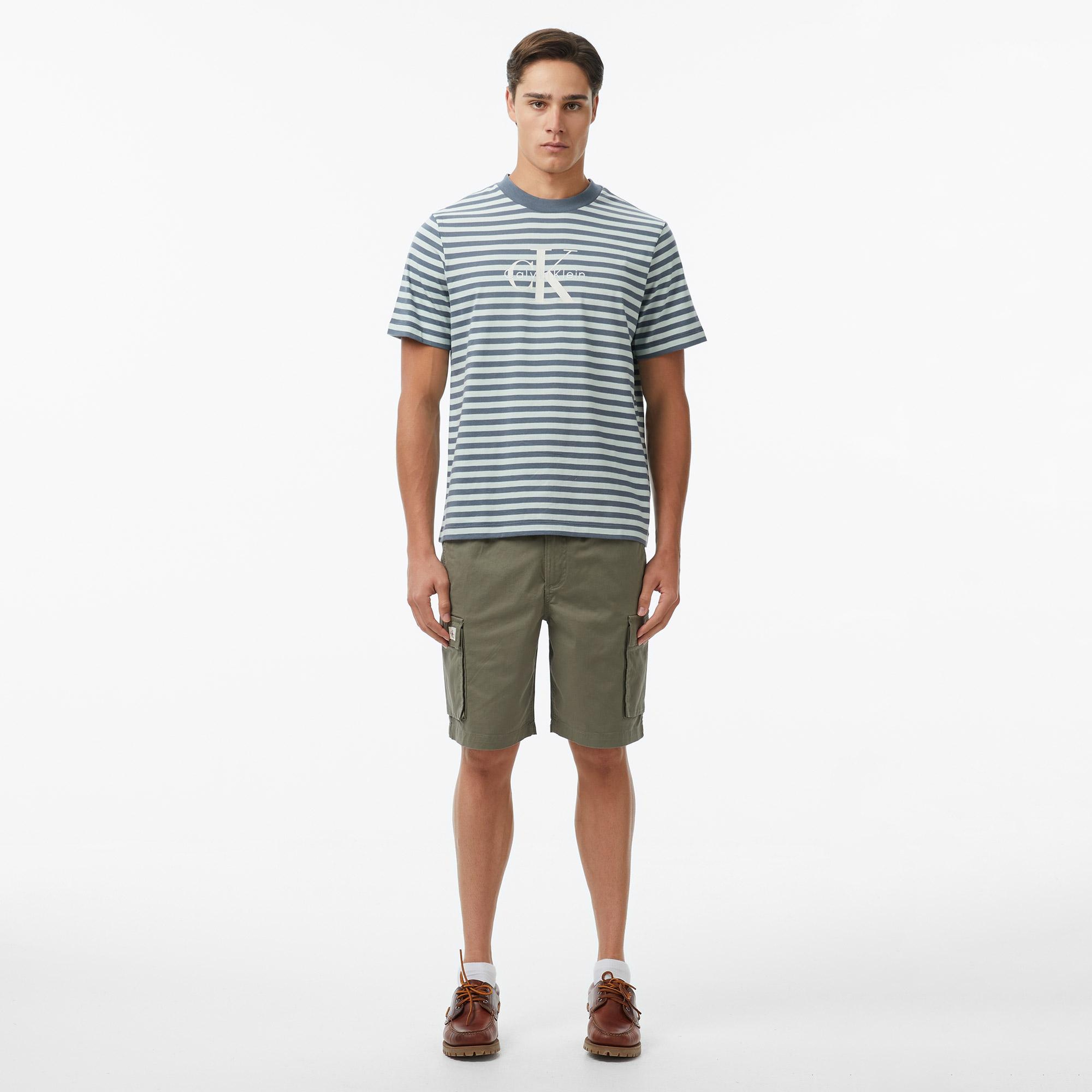 Calvin Klein 20S Stripe Jersey Monologo Erkek Gri T-Shirt