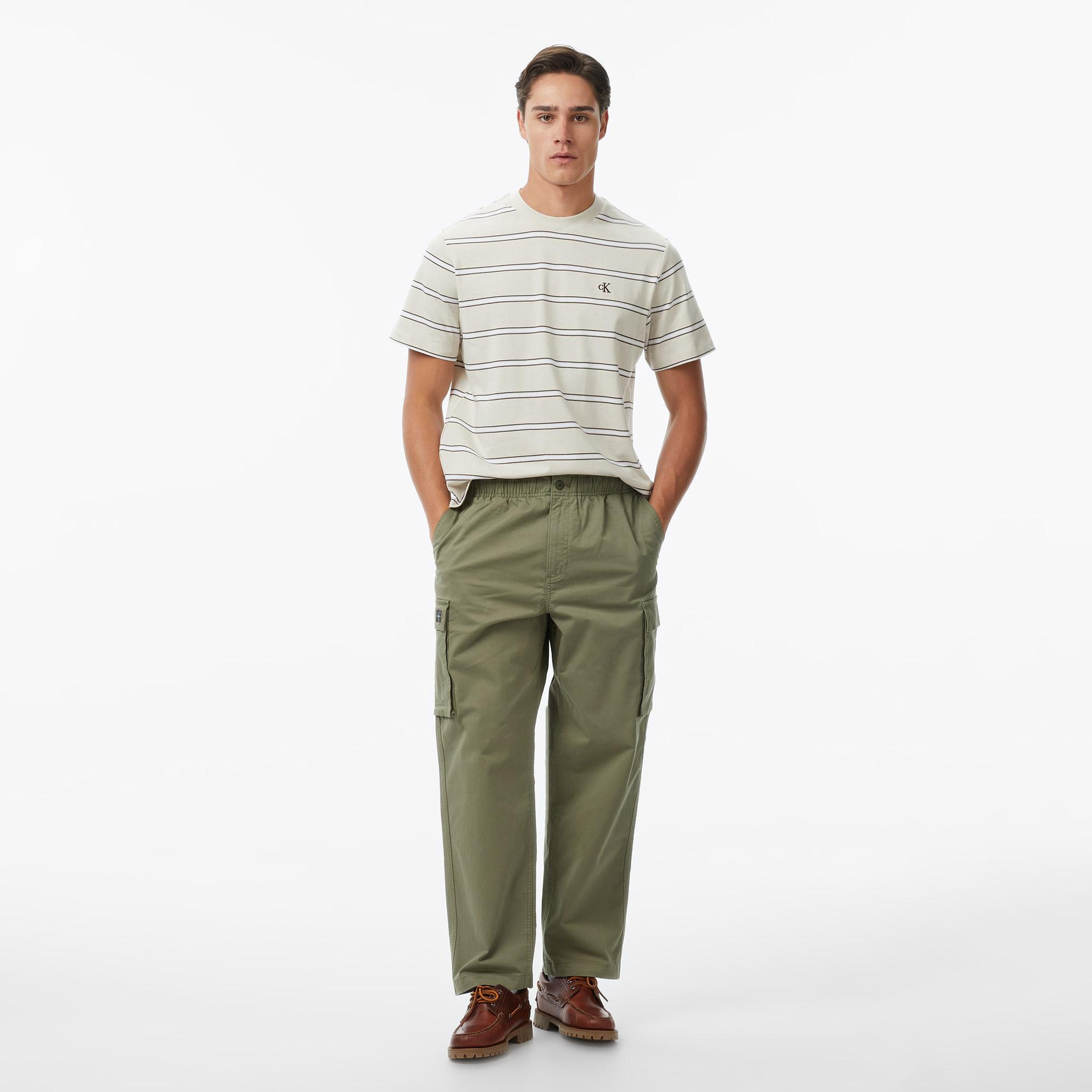 Calvin Klein Easy Stripe Crewnk Erkek Bej T-Shirt