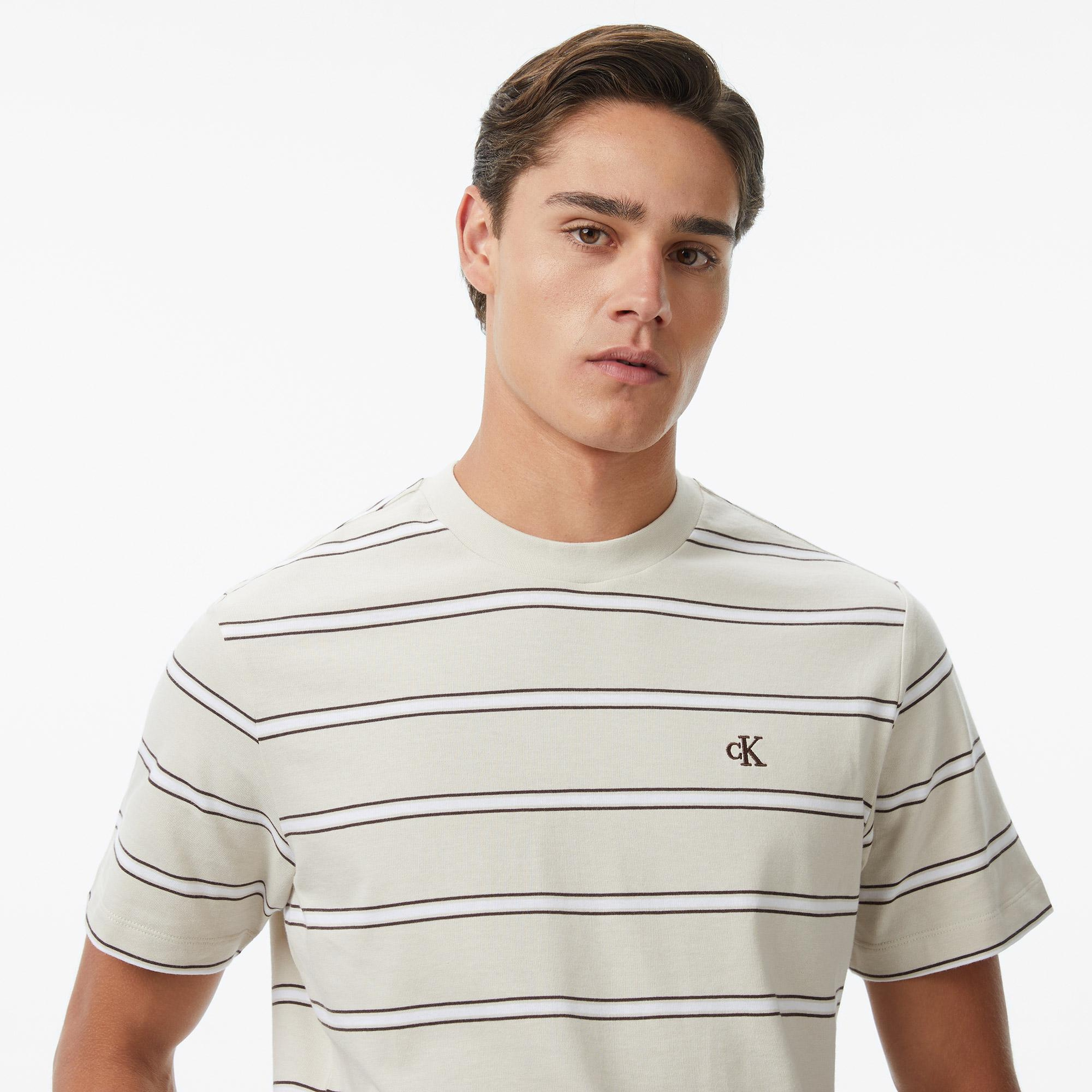 Calvin Klein Easy Stripe Crewnk Erkek Bej T-Shirt