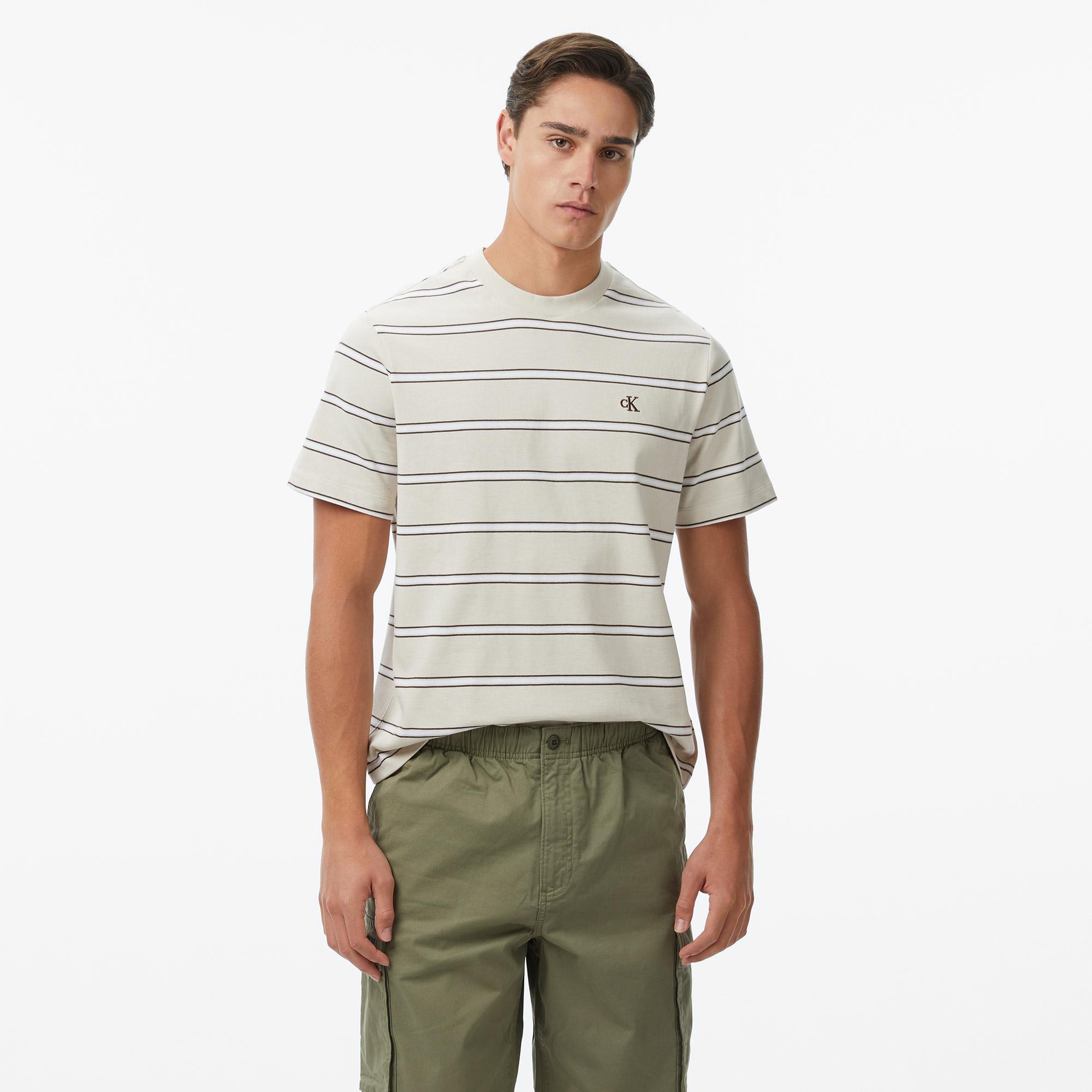Calvin Klein Easy Stripe Crewnk Erkek Bej T-Shirt