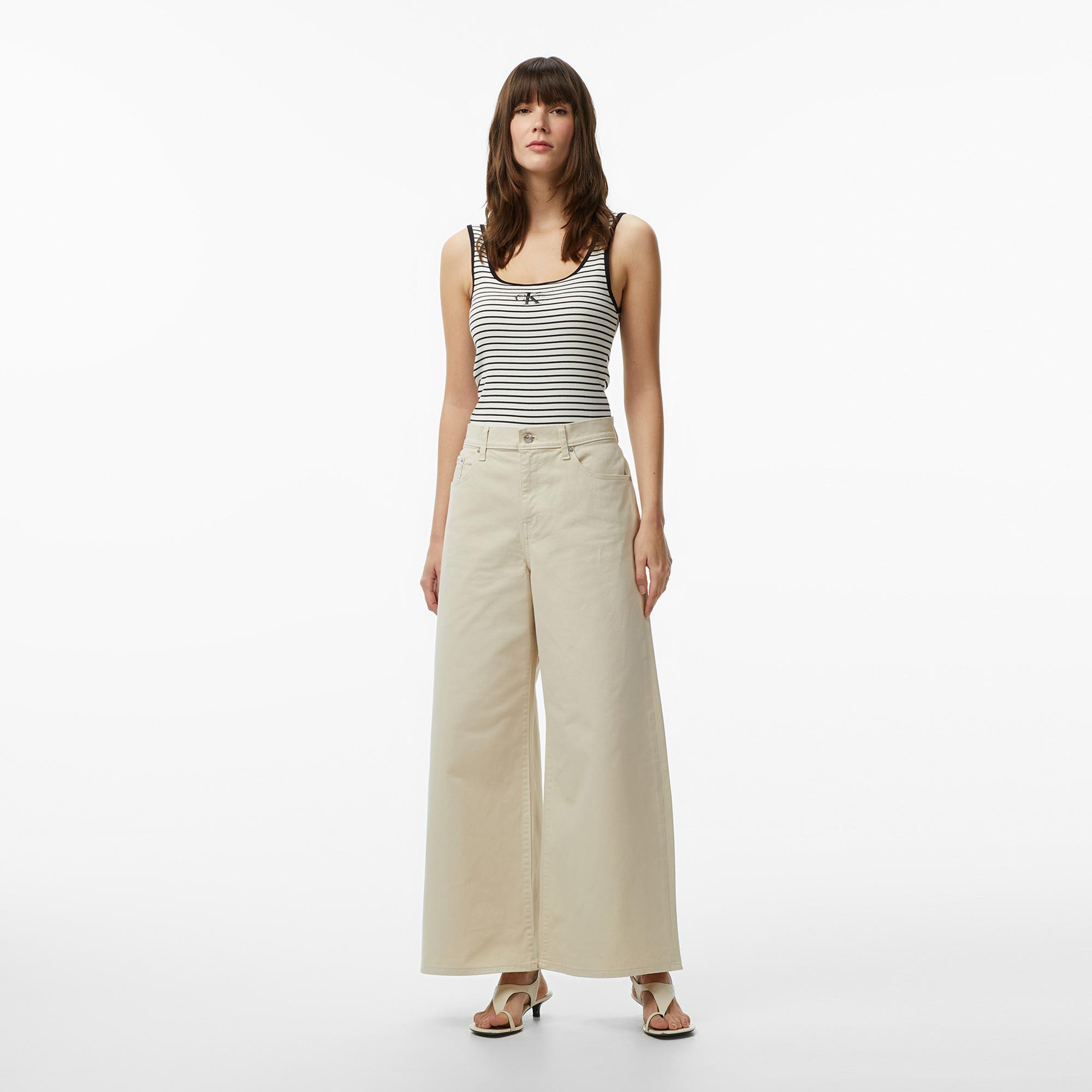 Calvin Klein Striped Monologo Scoop Kadın Siyah Kolsuz T-Shirt