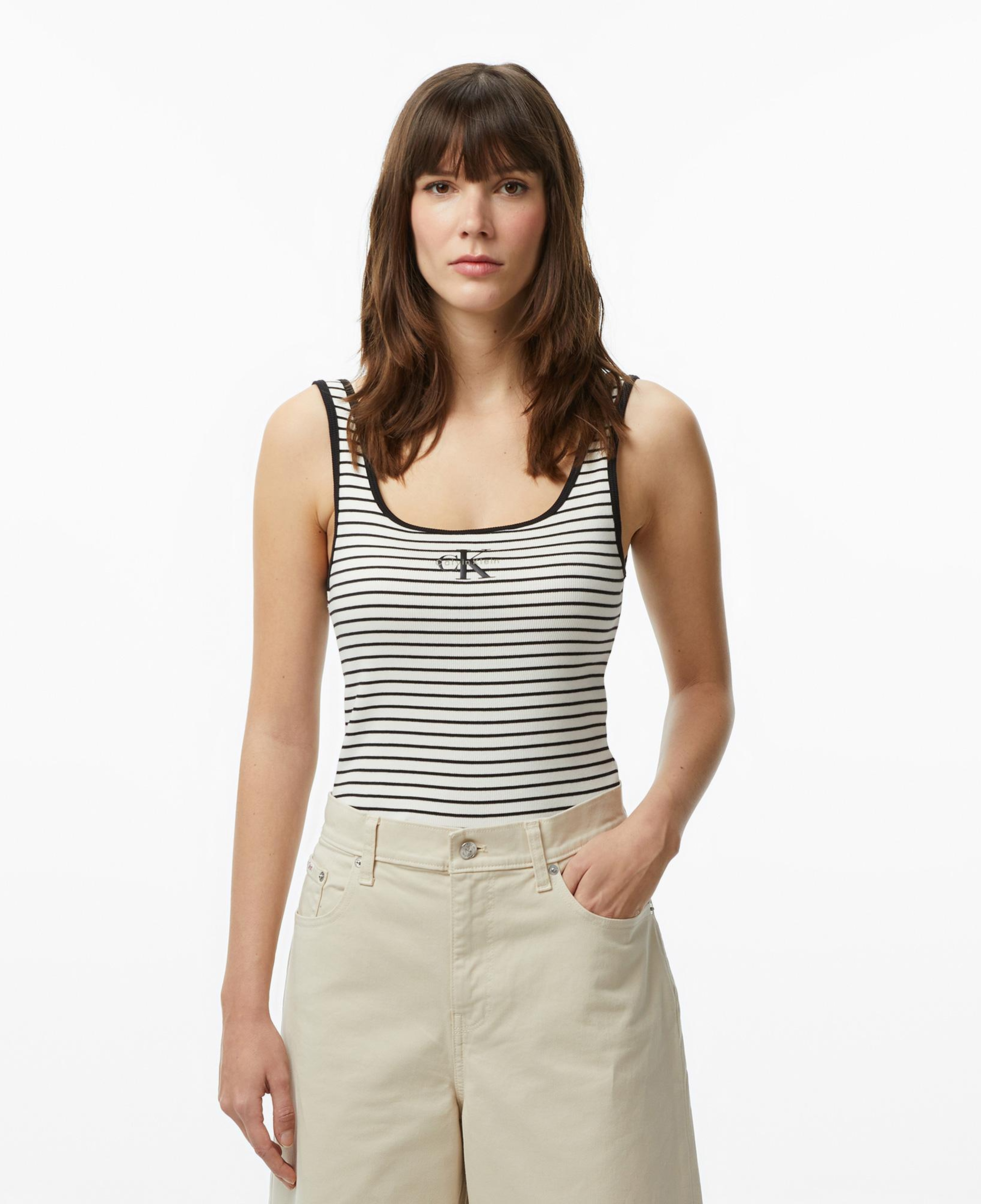 Calvin Klein Striped Monologo Scoop Kadın Siyah Kolsuz T-Shirt