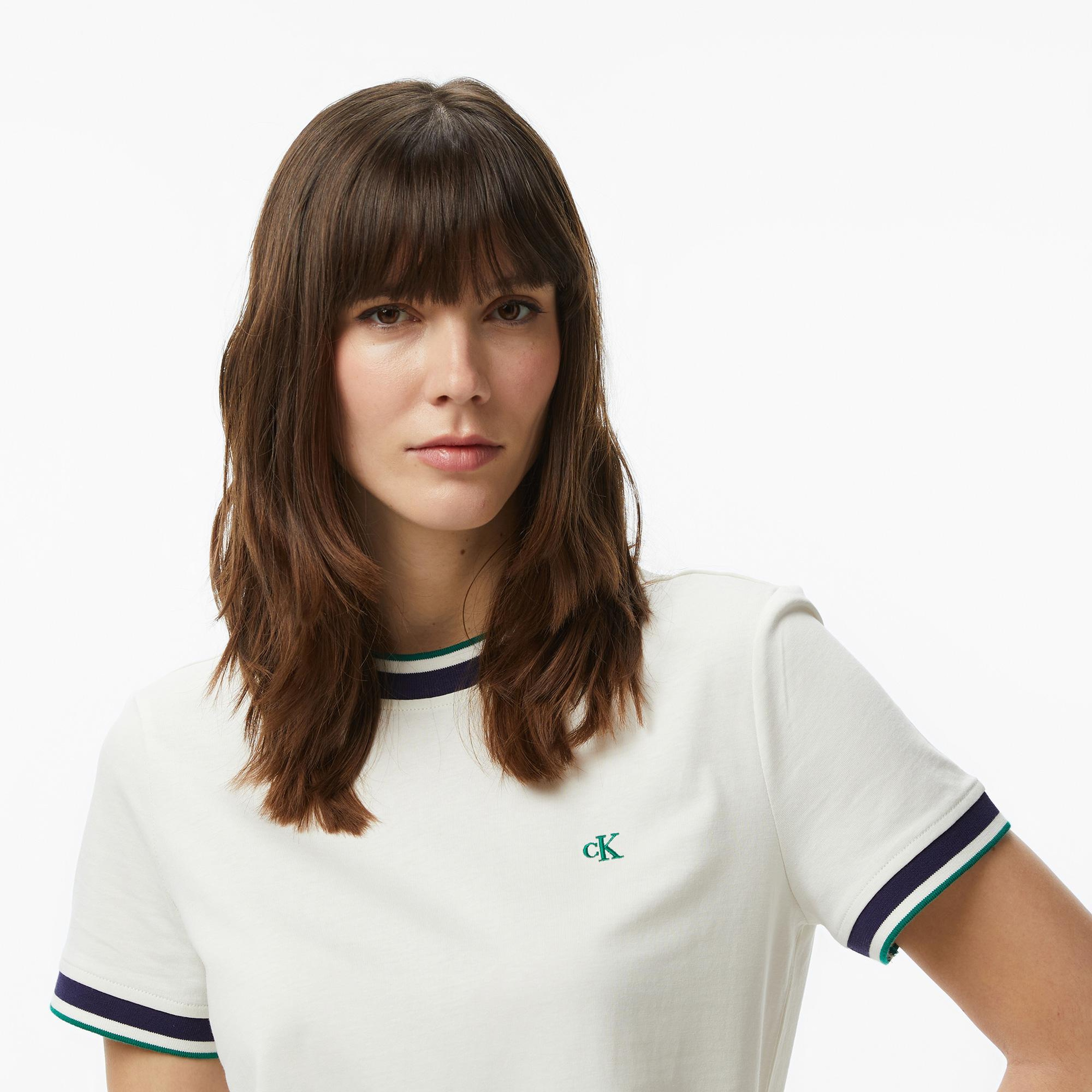 Calvin Klein Monogram Stripe Trim Mini Kadın Beyaz Elbise