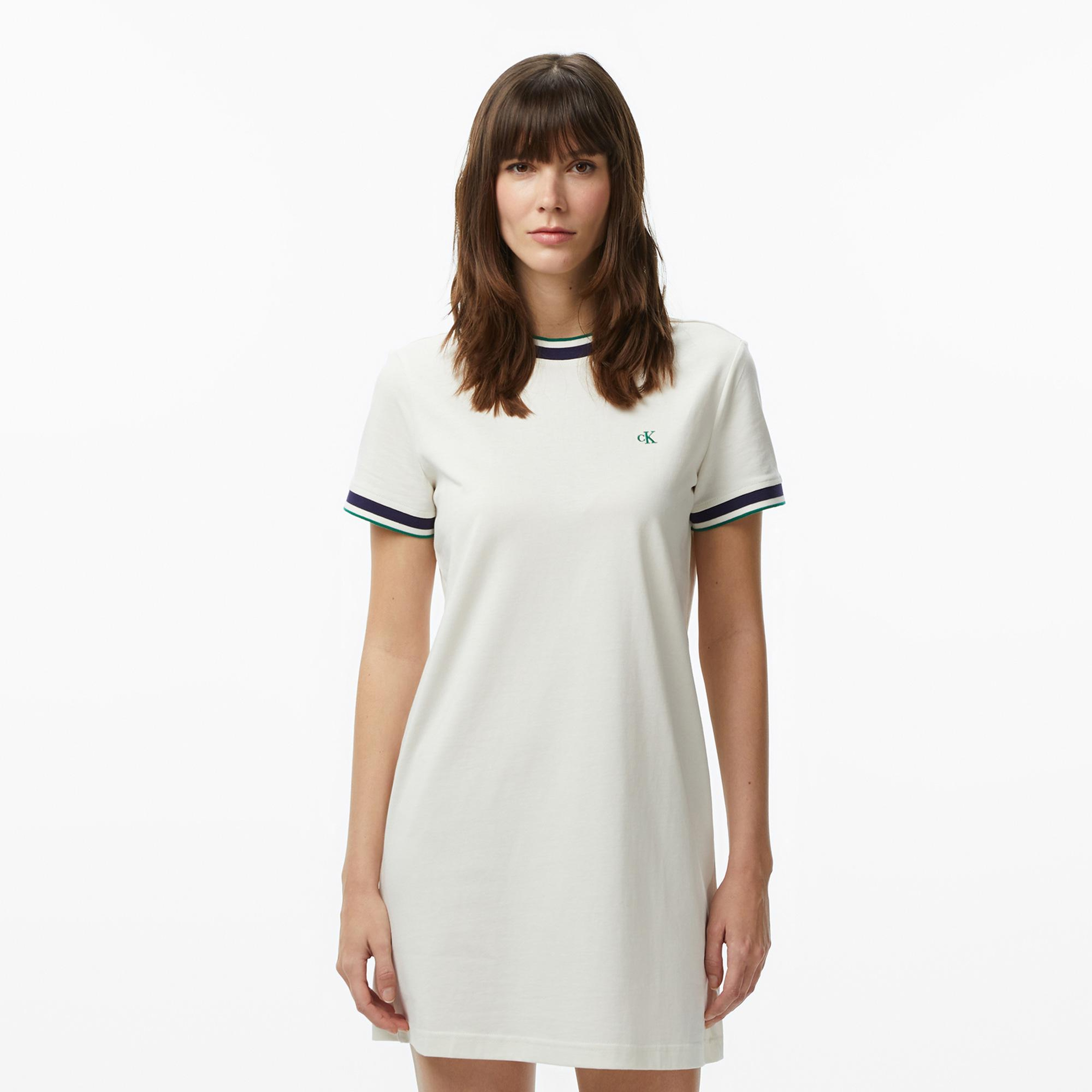 Calvin Klein Monogram Stripe Trim Mini Kadın Beyaz Elbise