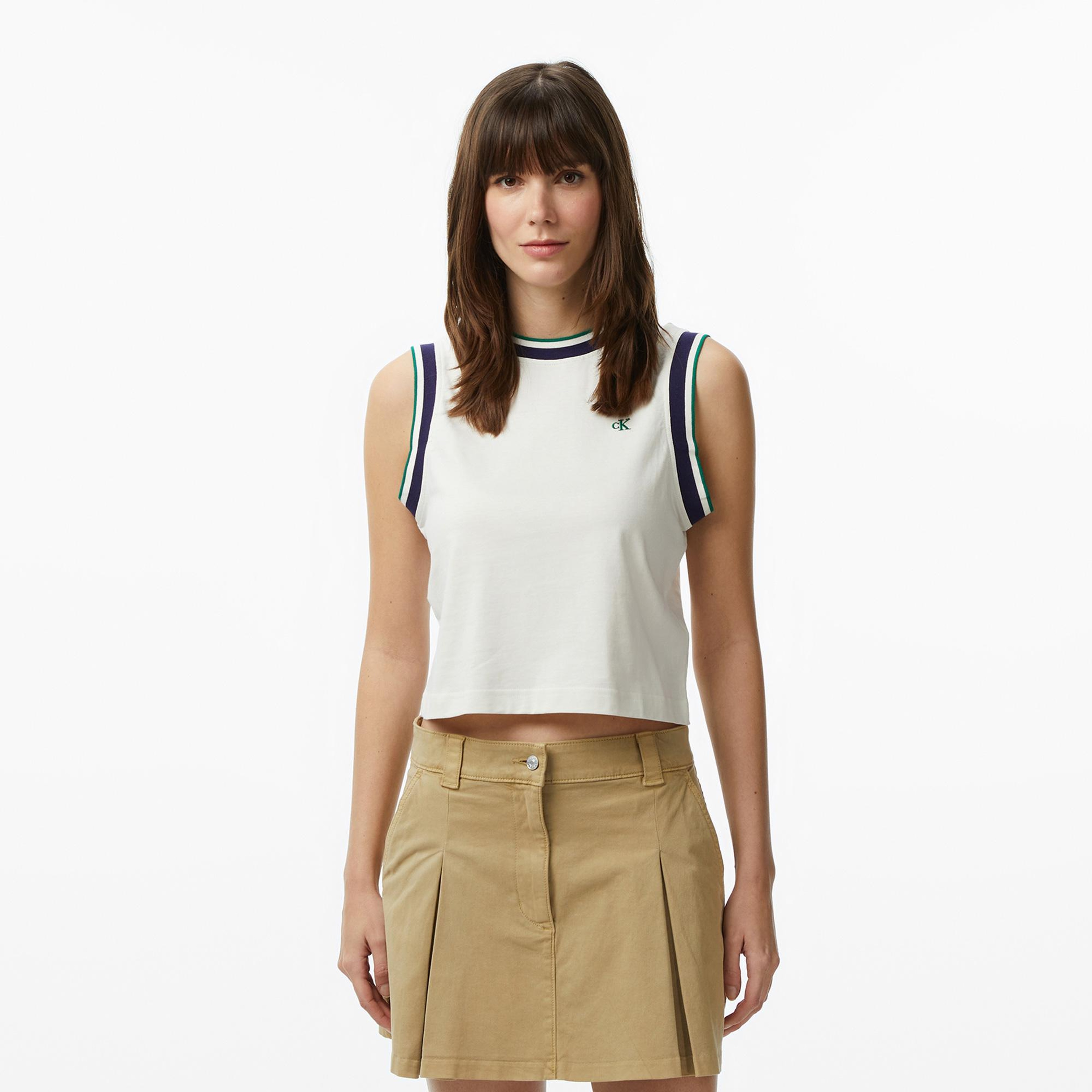 Calvin Klein Monogram Stripe Kadın Beyaz Kolsuz T-Shirt