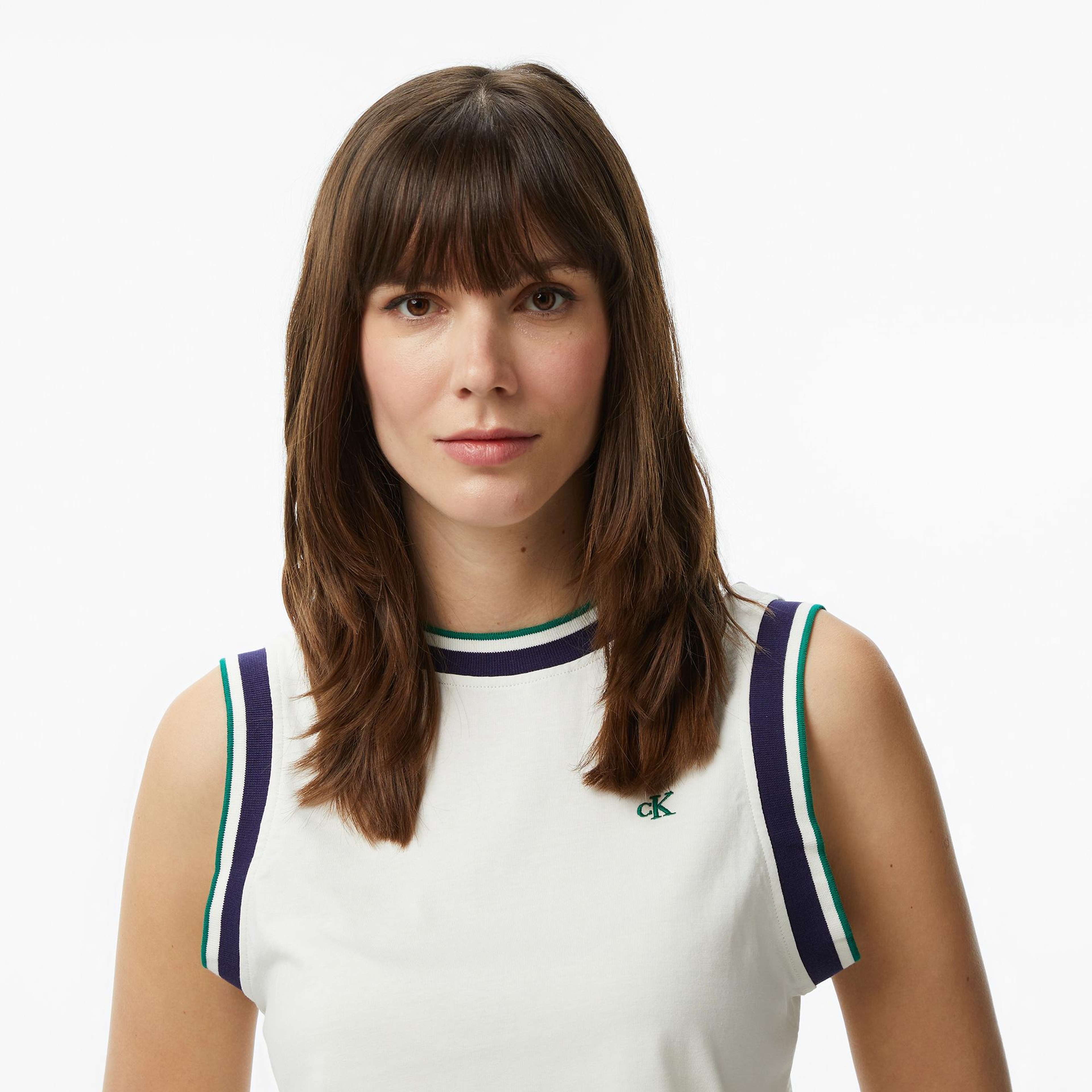 Calvin Klein Monogram Stripe Kadın Beyaz Kolsuz T-Shirt