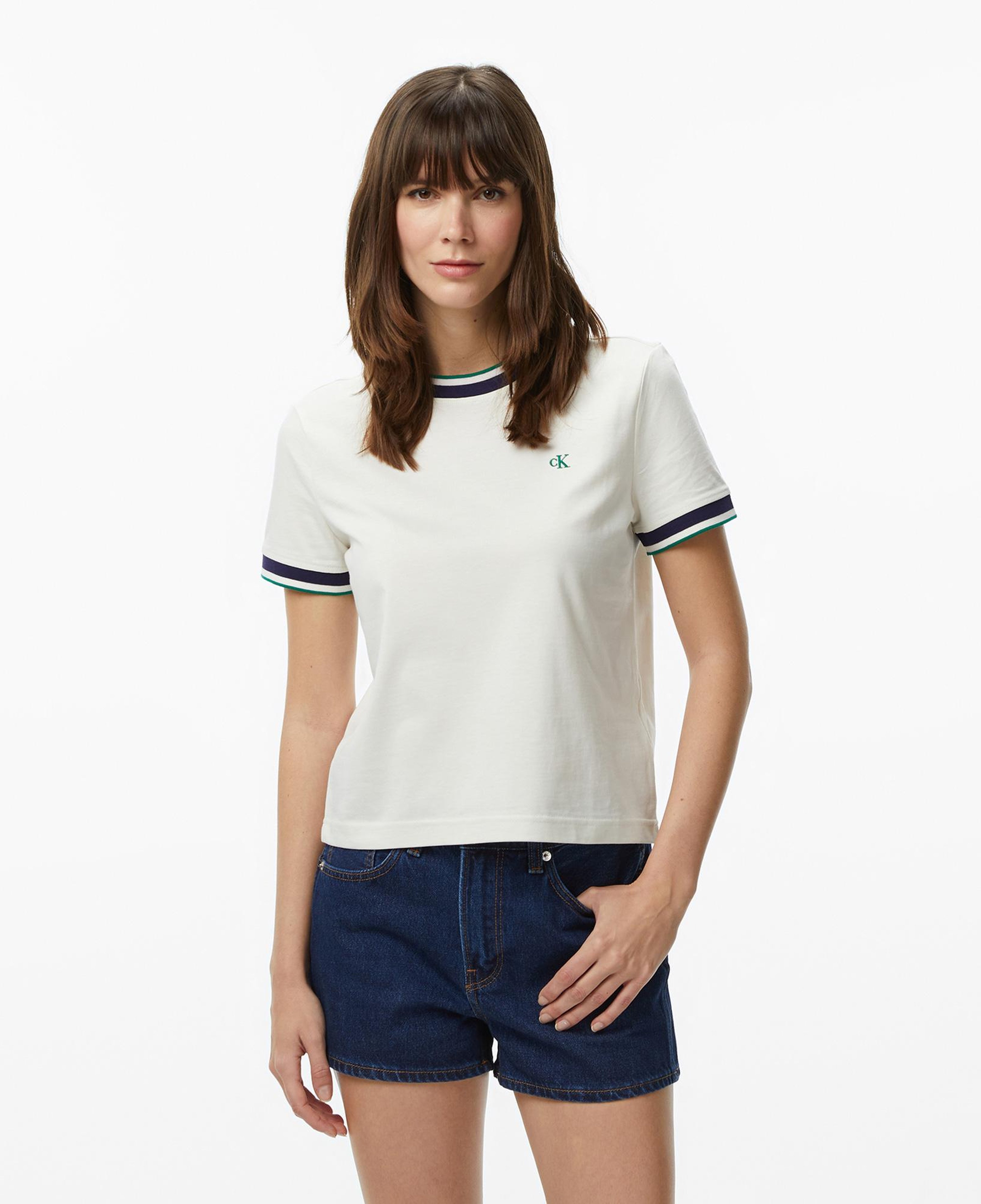 Calvin Klein Monogram Stripe Kadın Beyaz T-Shirt