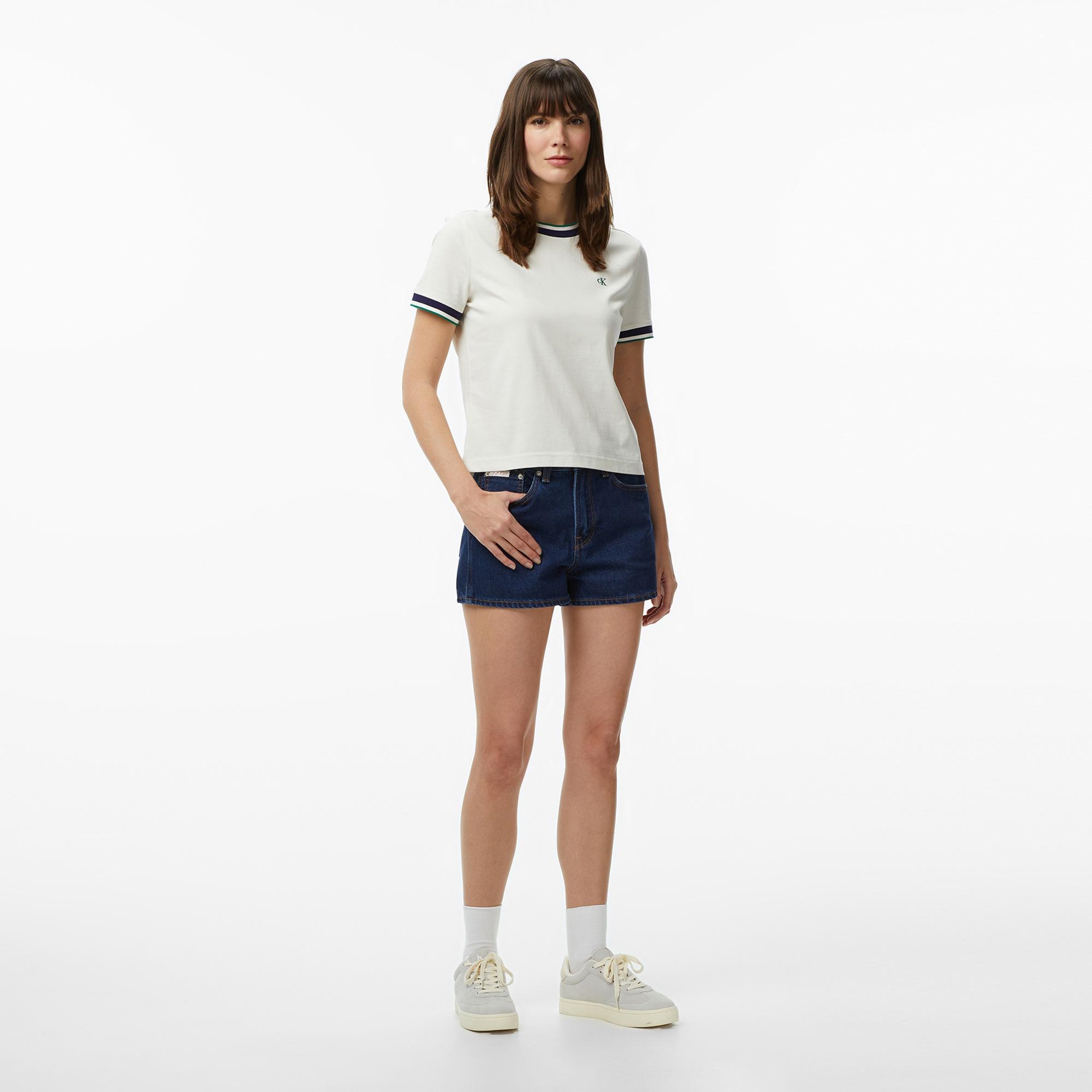 Calvin Klein Monogram Stripe Kadın Beyaz T-Shirt