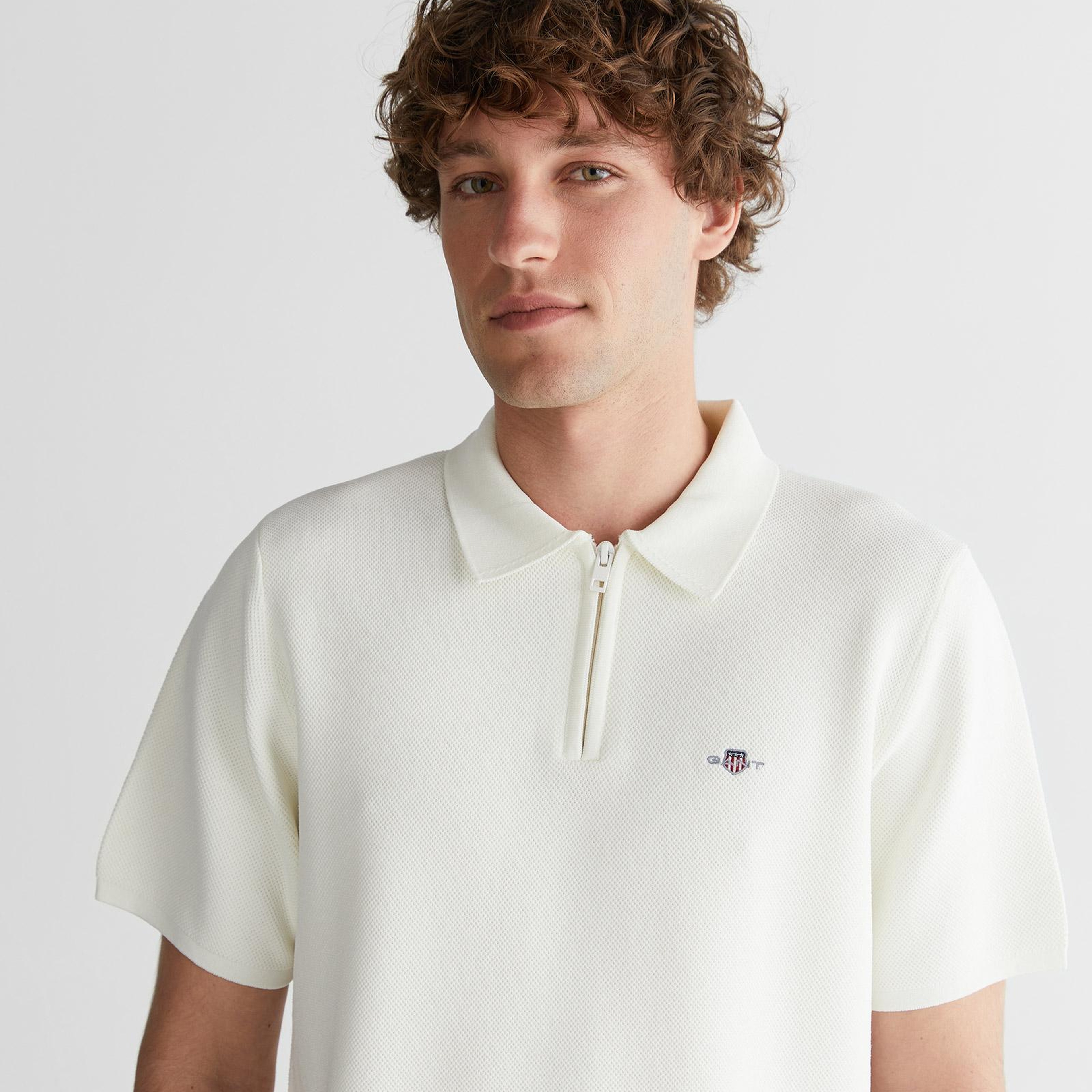 GANT Erkek Beyaz Polo Fermuarlı Yaka Kısa Kollu Triko
