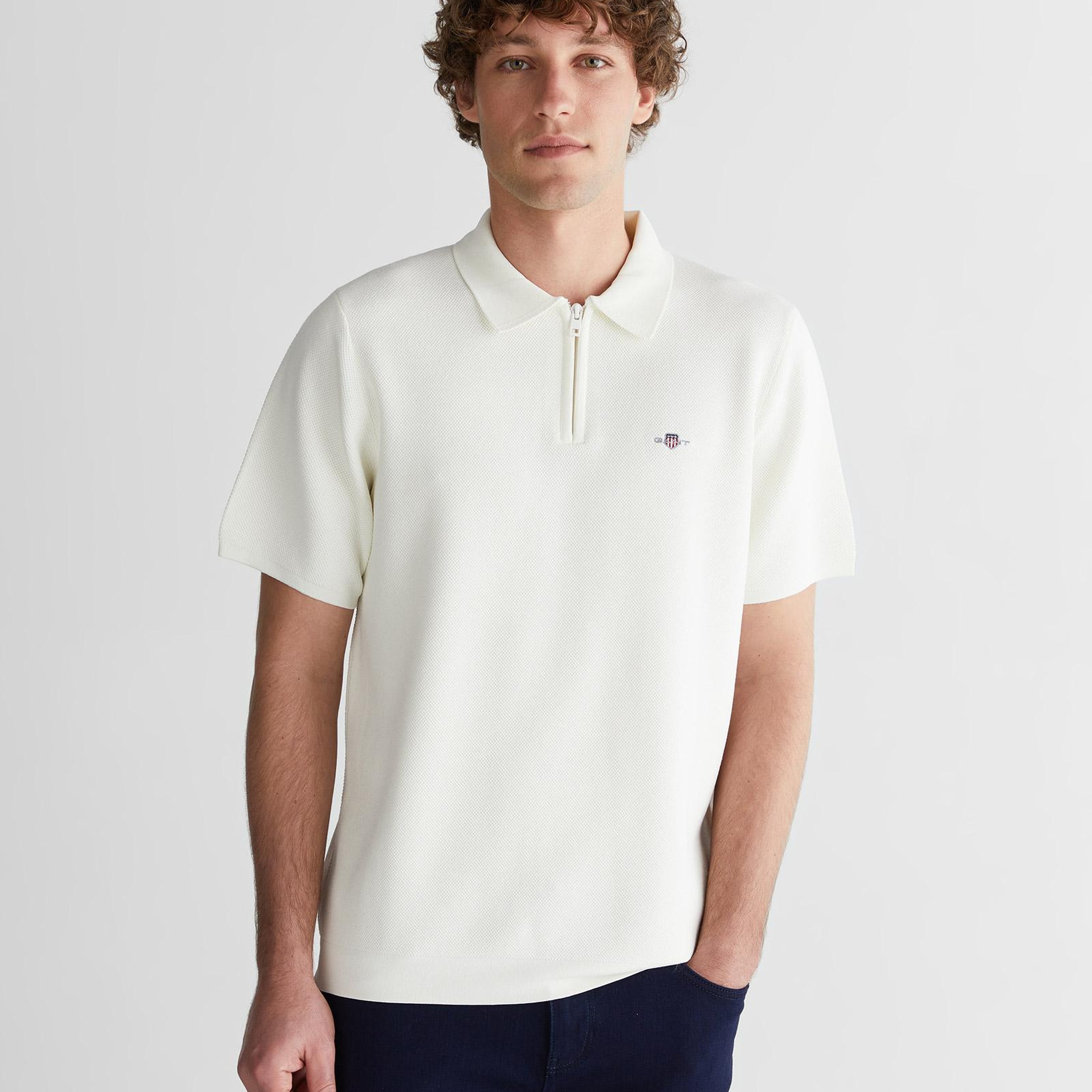 GANT Erkek Beyaz Polo Fermuarlı Yaka Kısa Kollu Triko