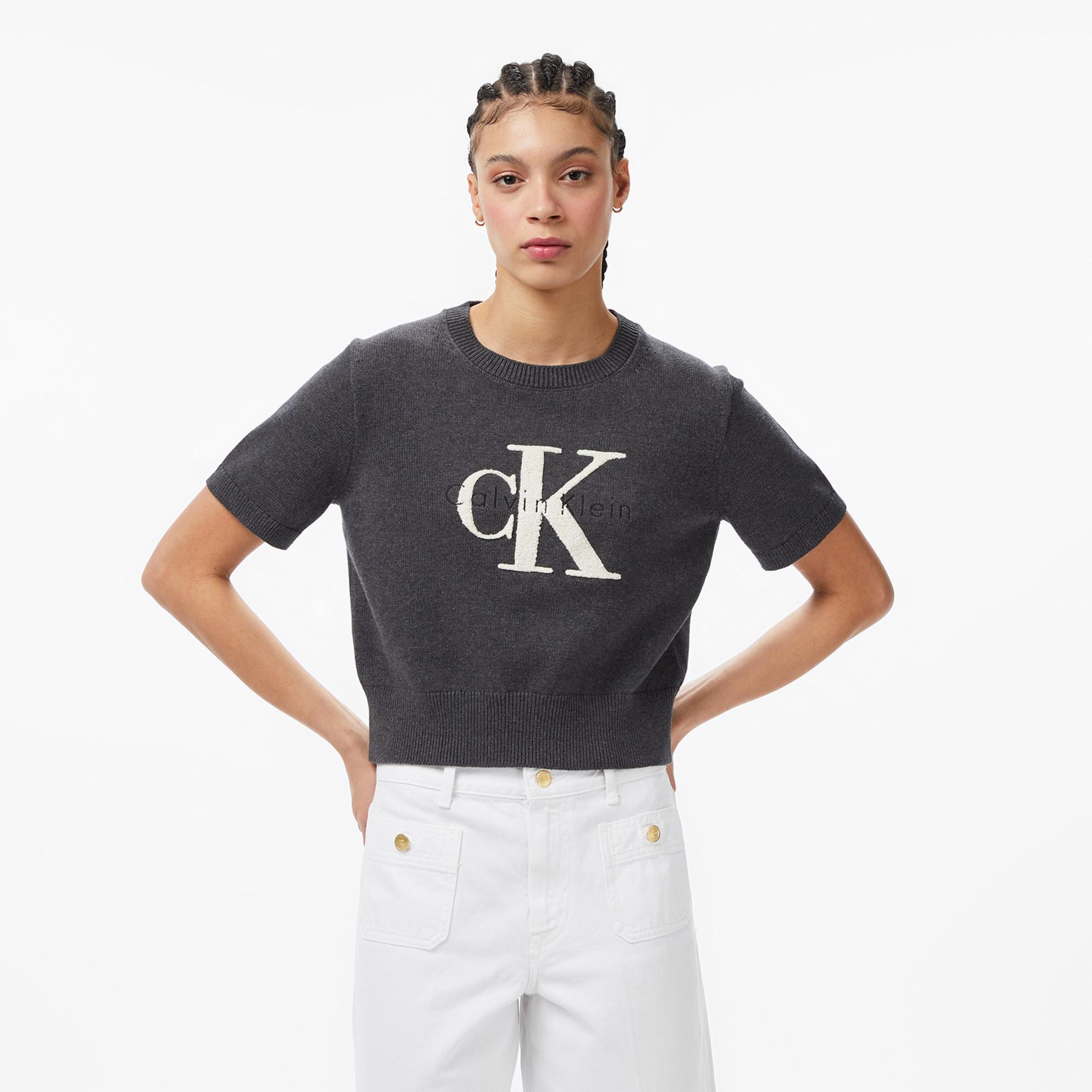 Calvin Klein Chunky Cotton Graphic Vest Kadın Gri Triko