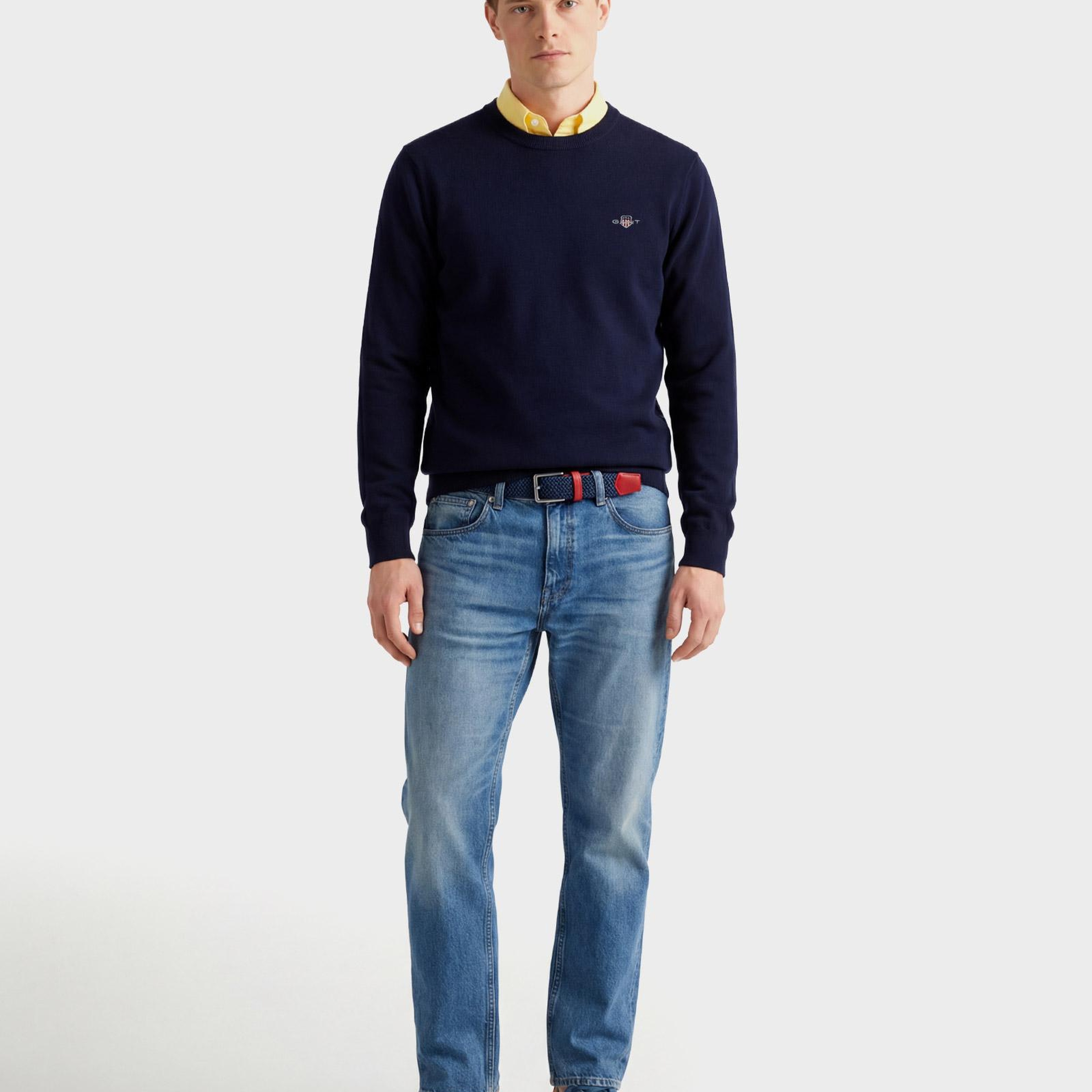 GANT Erkek Lacivert Regular Fit Bisiklet Yaka Logolu Kazak